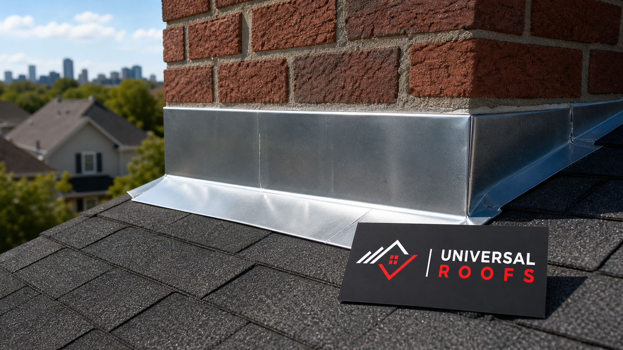 Newly repaired metal roof flashing along a chimney base on a Toronto home, sealed cleanly with no leaks, summer daylight