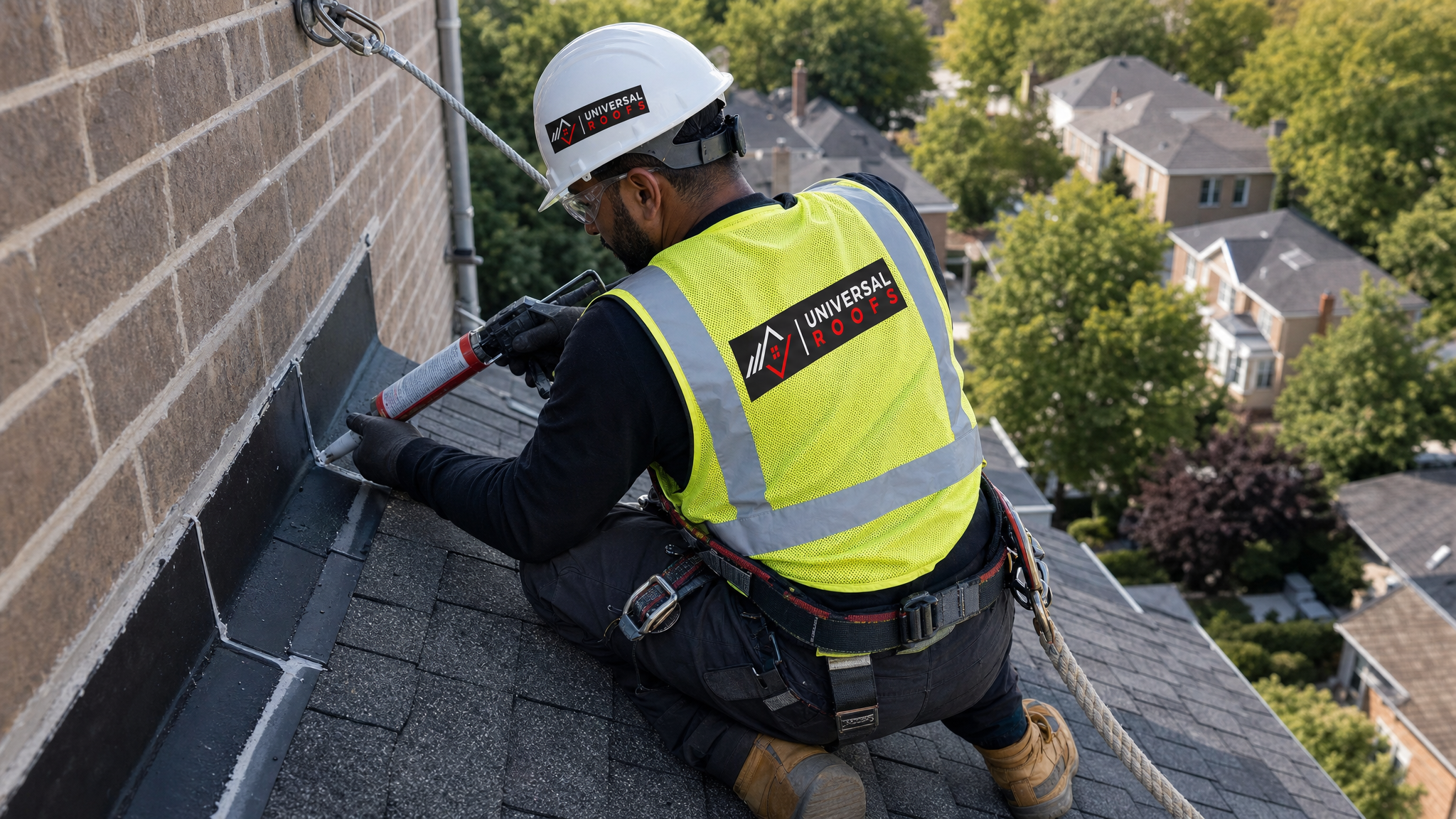 Roofer wearing full safety harness, hard hat, and hi-vis vest applying sealant to step flashing on a steep residential roof in Toronto