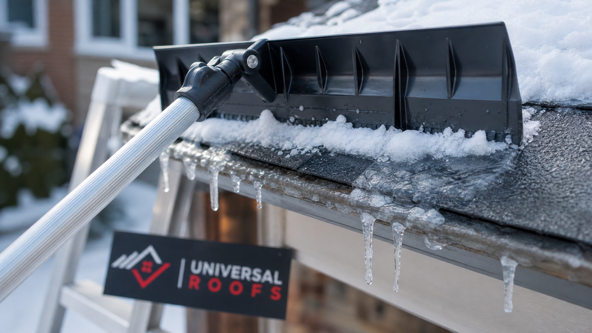 Close-up of a roof snow rake's plastic blade clearing snow near an ice dam at a shingle roof eave, with a Universal Roofs branded sign placard nearby