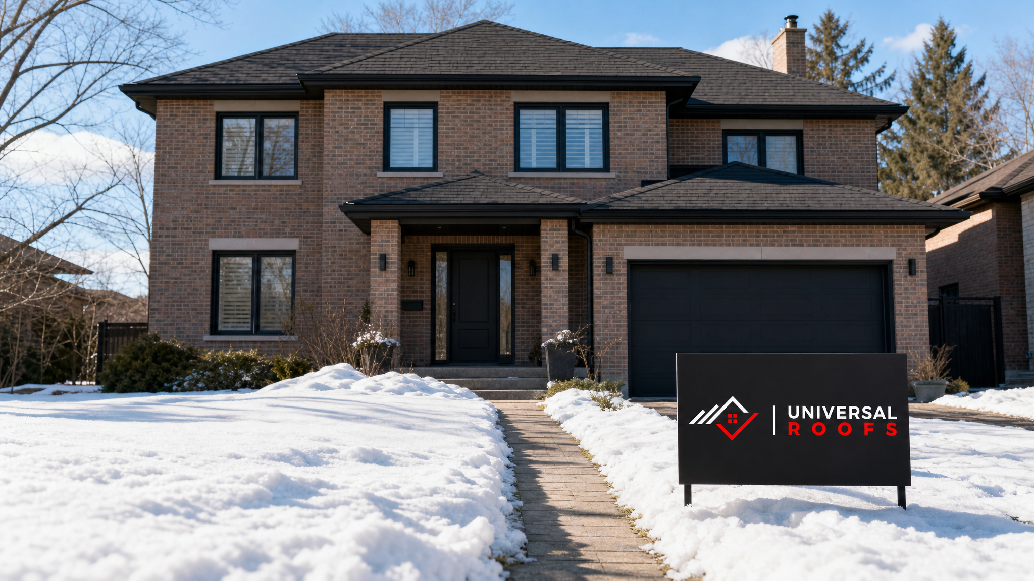 A snow-free asphalt shingle roof on a Toronto home after professional snow removal, with a Universal Roofs branded sign placard resting on the lawn