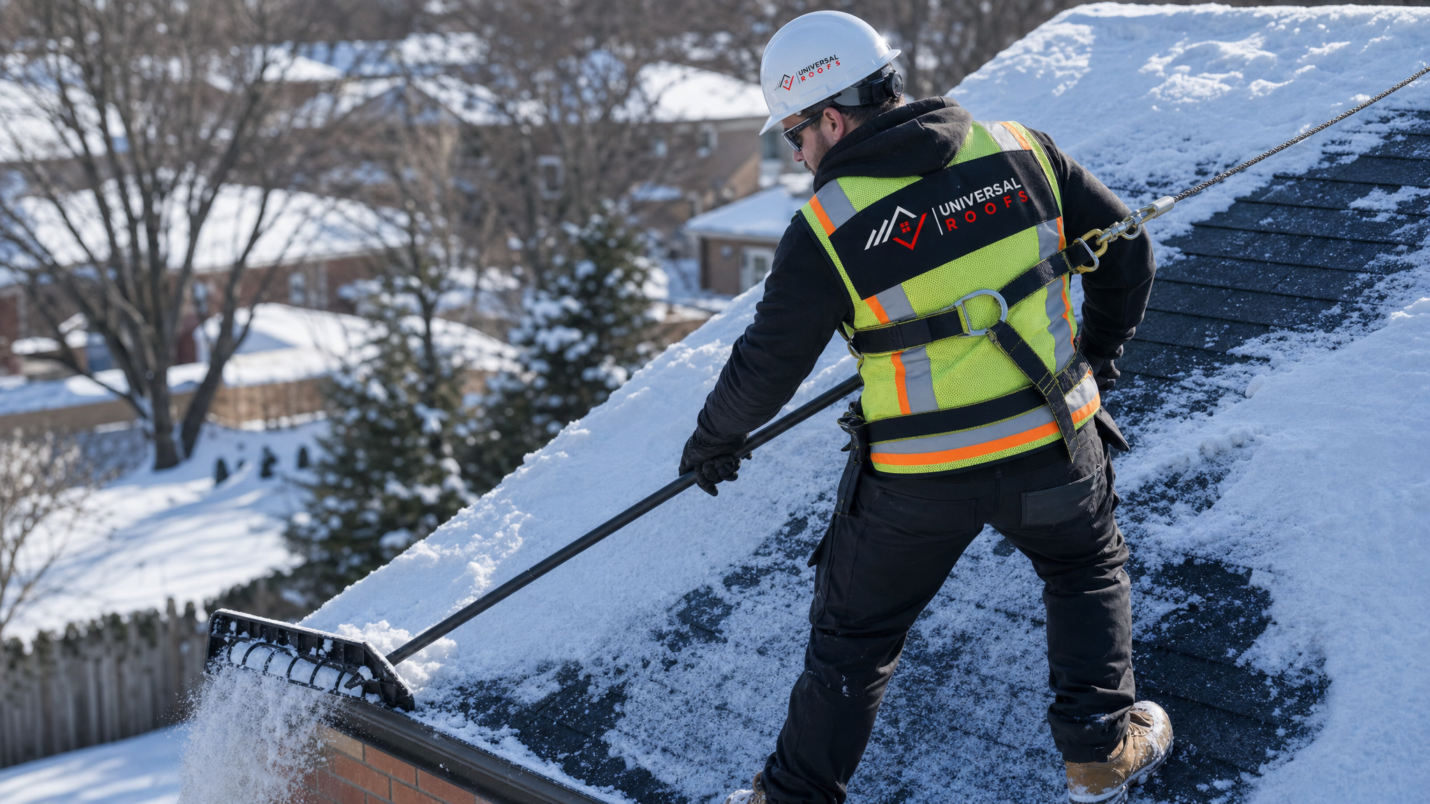 A roofing technician wearing full safety PPE and a fall-protection harness using a roof snow rake to clear snow from a sloped shingle roof edge