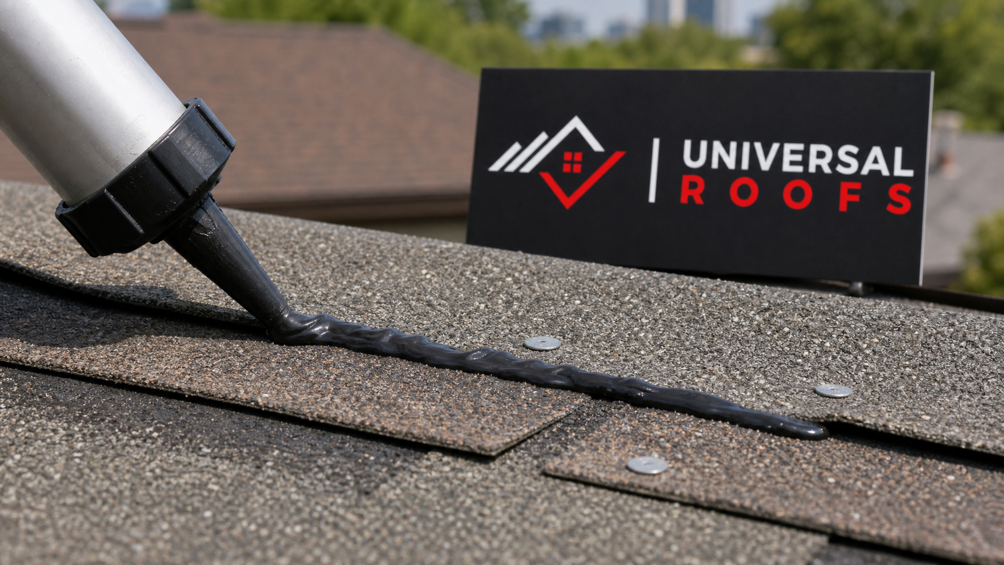 Close-up detail of asphalt shingle layers, roofing nails, and sealant during a patch repair