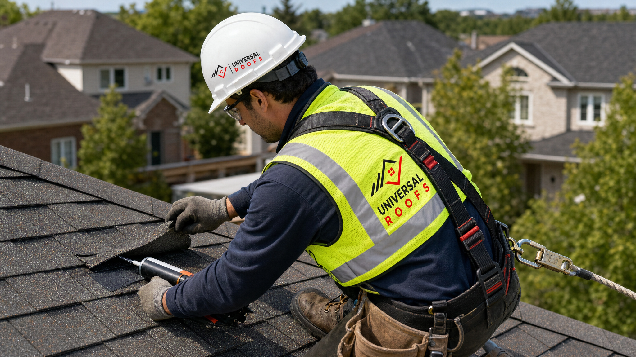 Roofer wearing full safety gear and a fall-protection harness patching an asphalt shingle roof section in Toronto