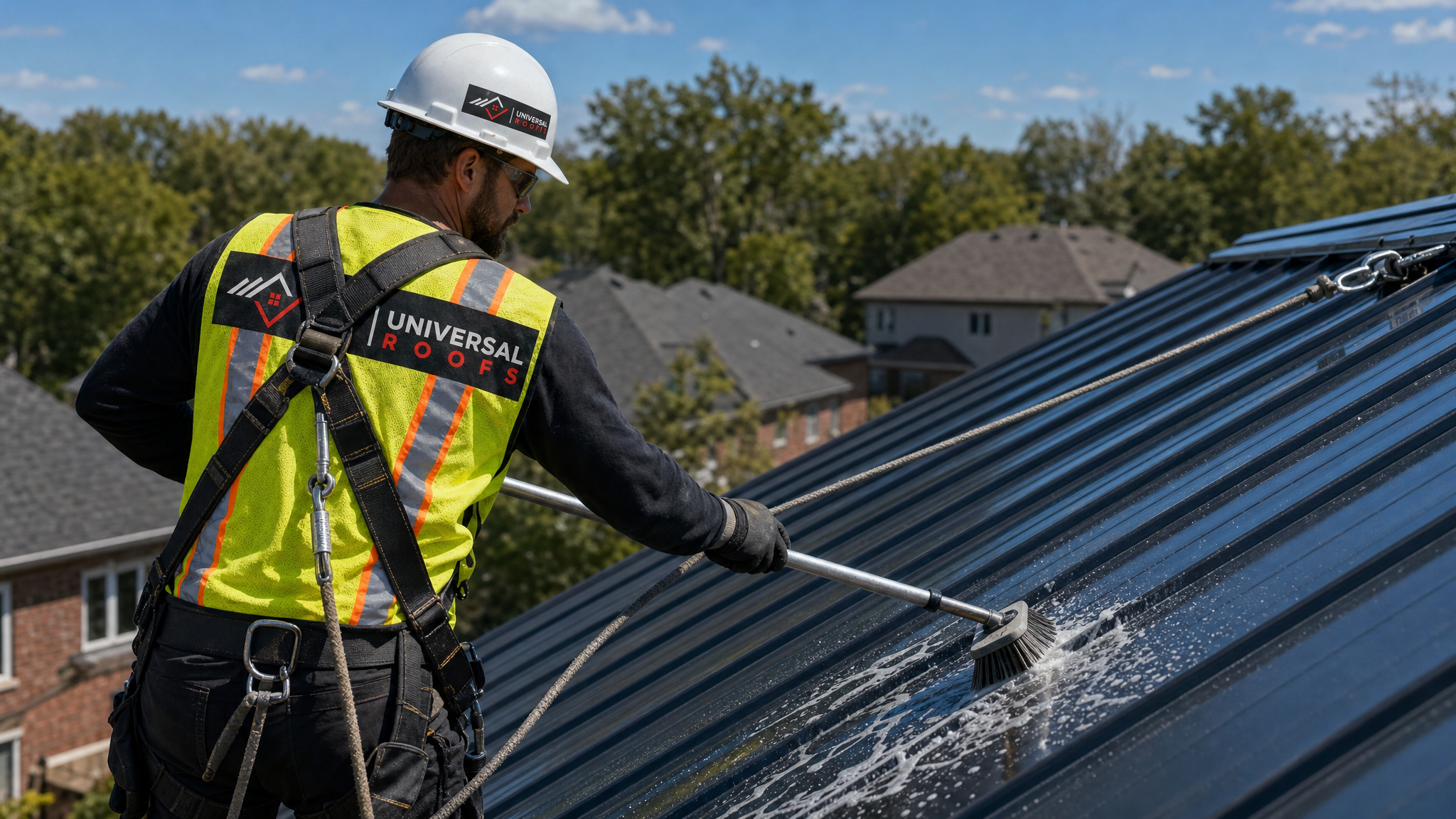 A roofer wearing full safety harness, hard hat, and high-visibility vest cleaning a metal roof surface with a soft wash brush