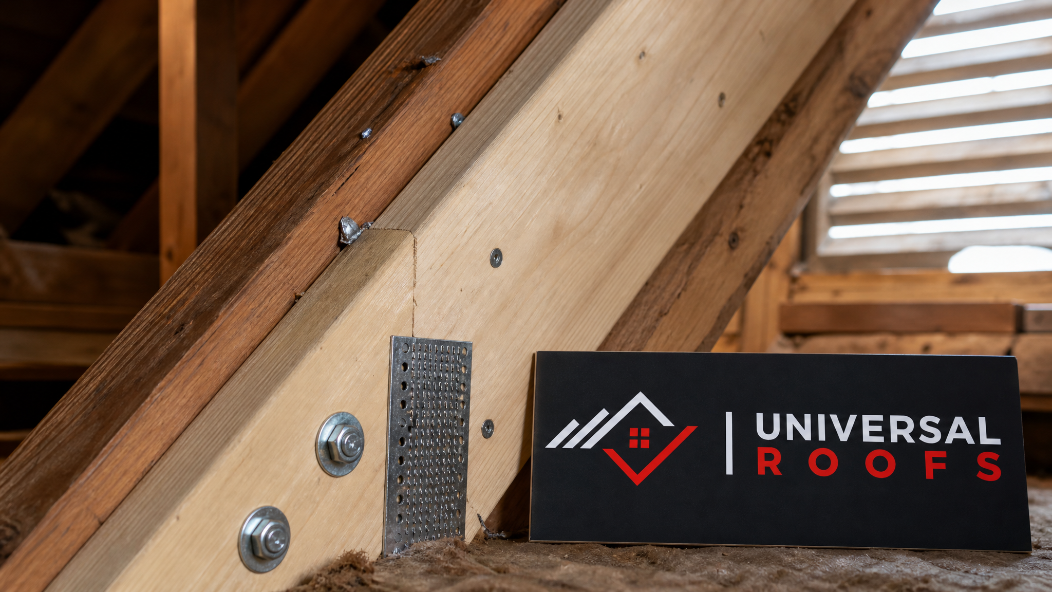 Close-up of a reinforced rafter connection with new lumber and structural fasteners