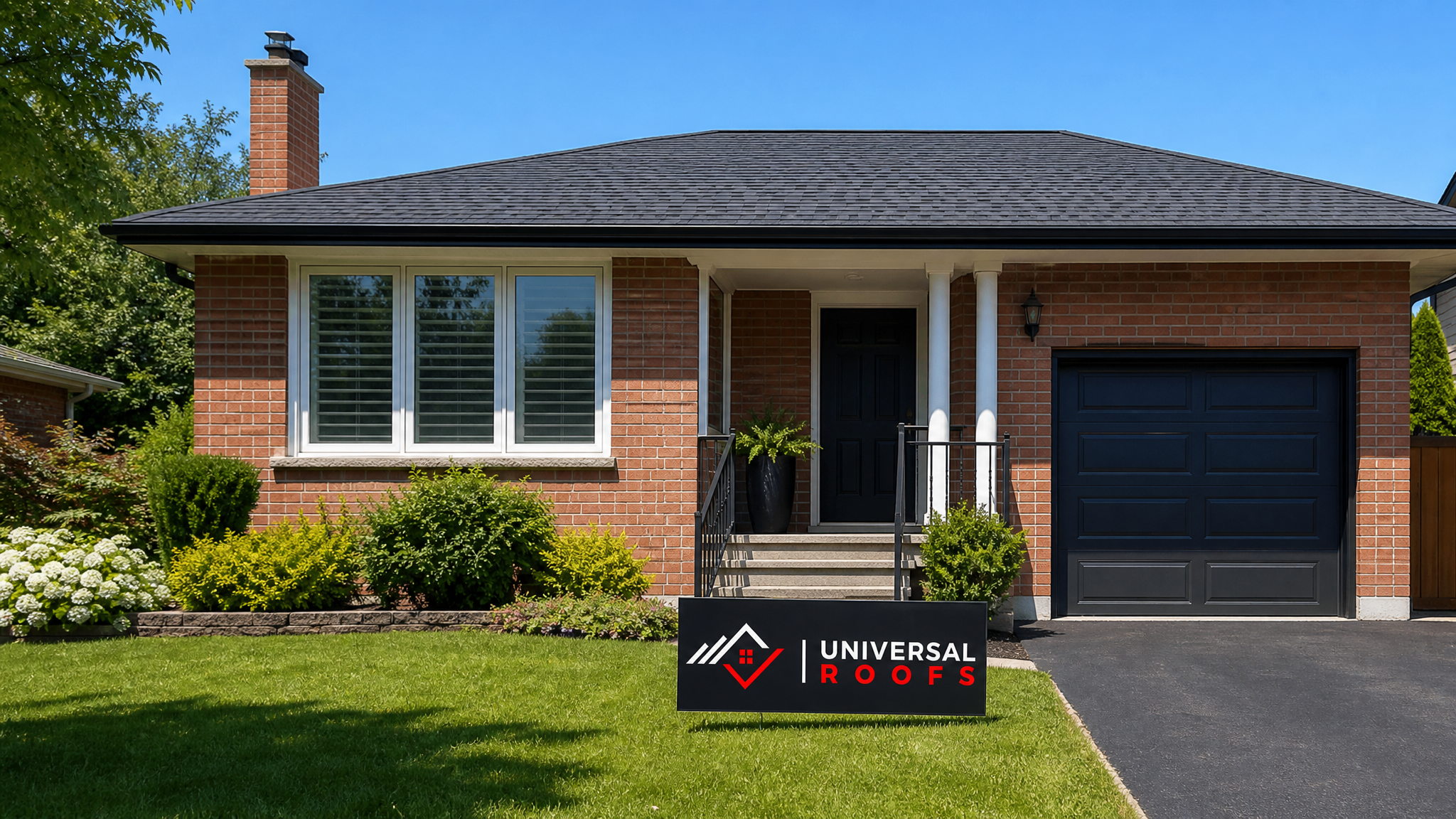 Newly repaired roofline on a Toronto home showing a straight, level ridge after sagging repair