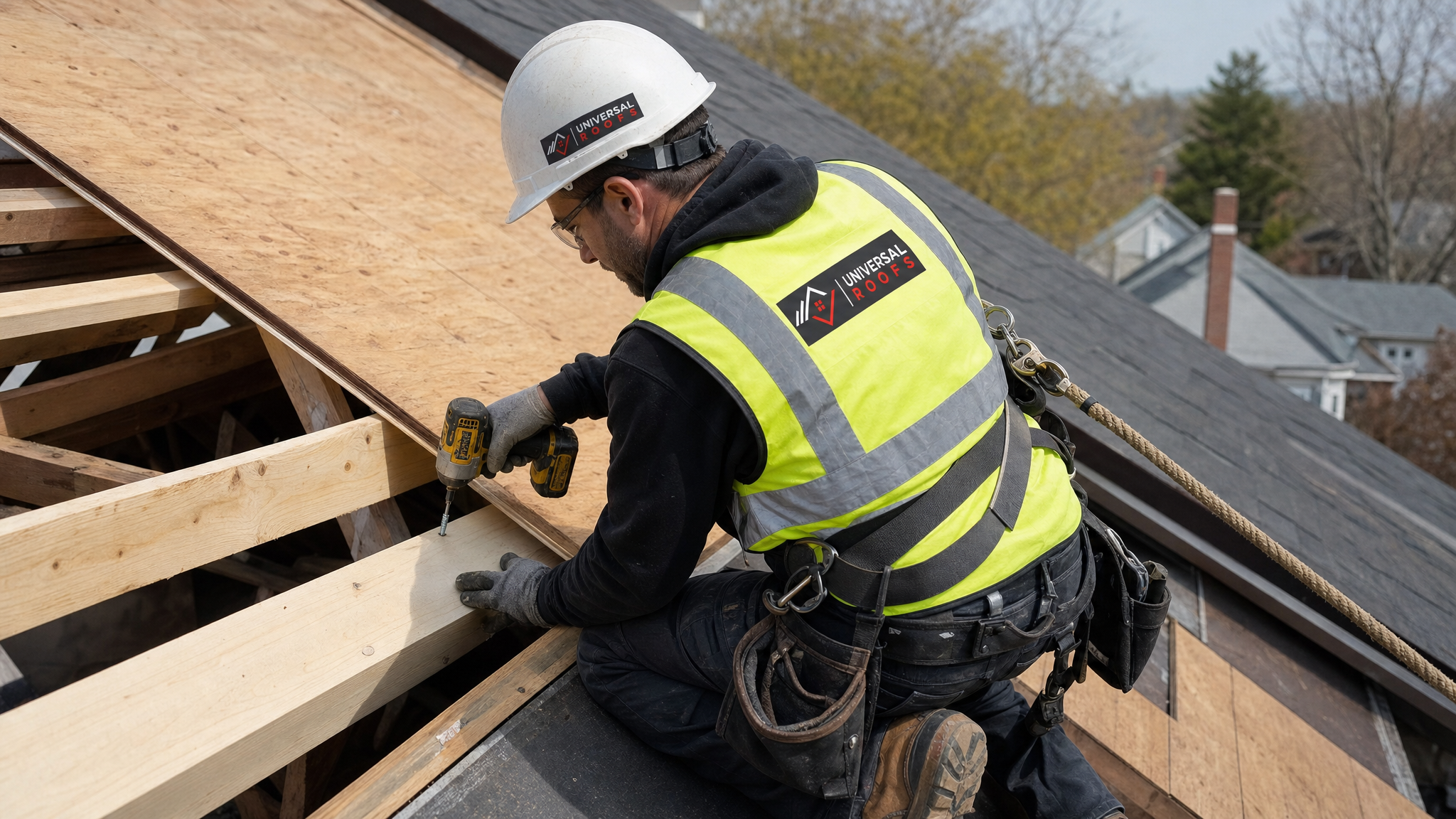 Roofer wearing full safety harness sistering a weakened rafter inside a Toronto attic