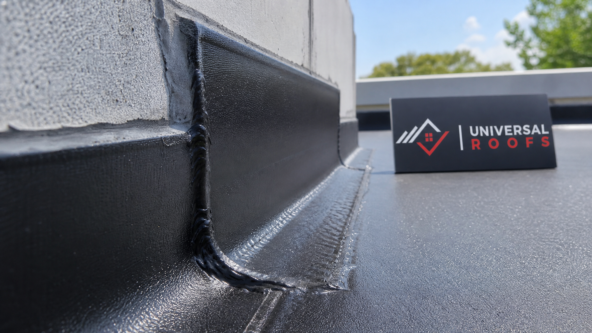 Close-up of a sealed waterproofing membrane seam and flashing detail on a Toronto roof with a Universal Roofs branded sign placard nearby
