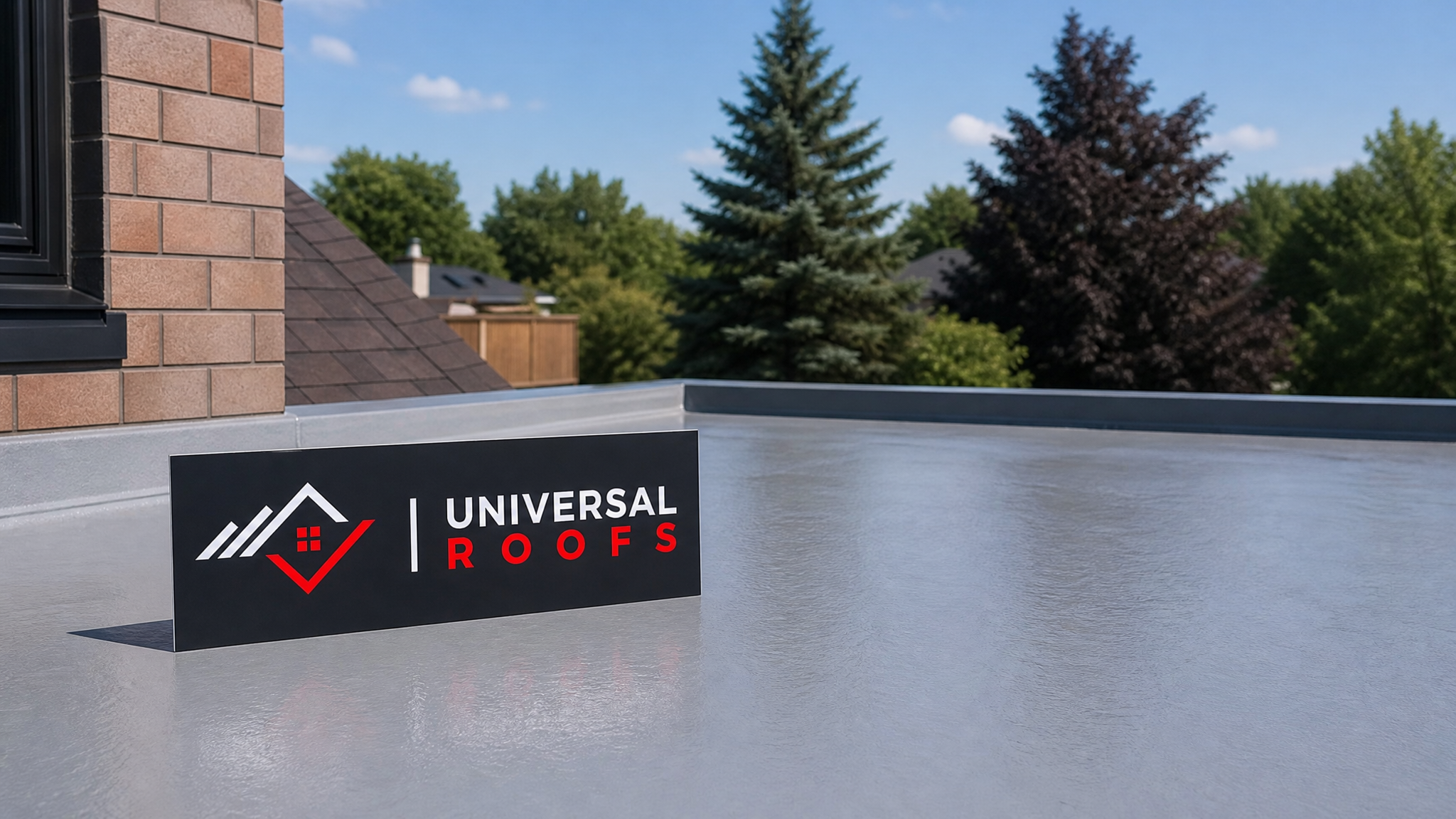 Newly waterproofed flat roof membrane on a Toronto home glowing under summer daylight with a Universal Roofs branded sign placard resting nearby
