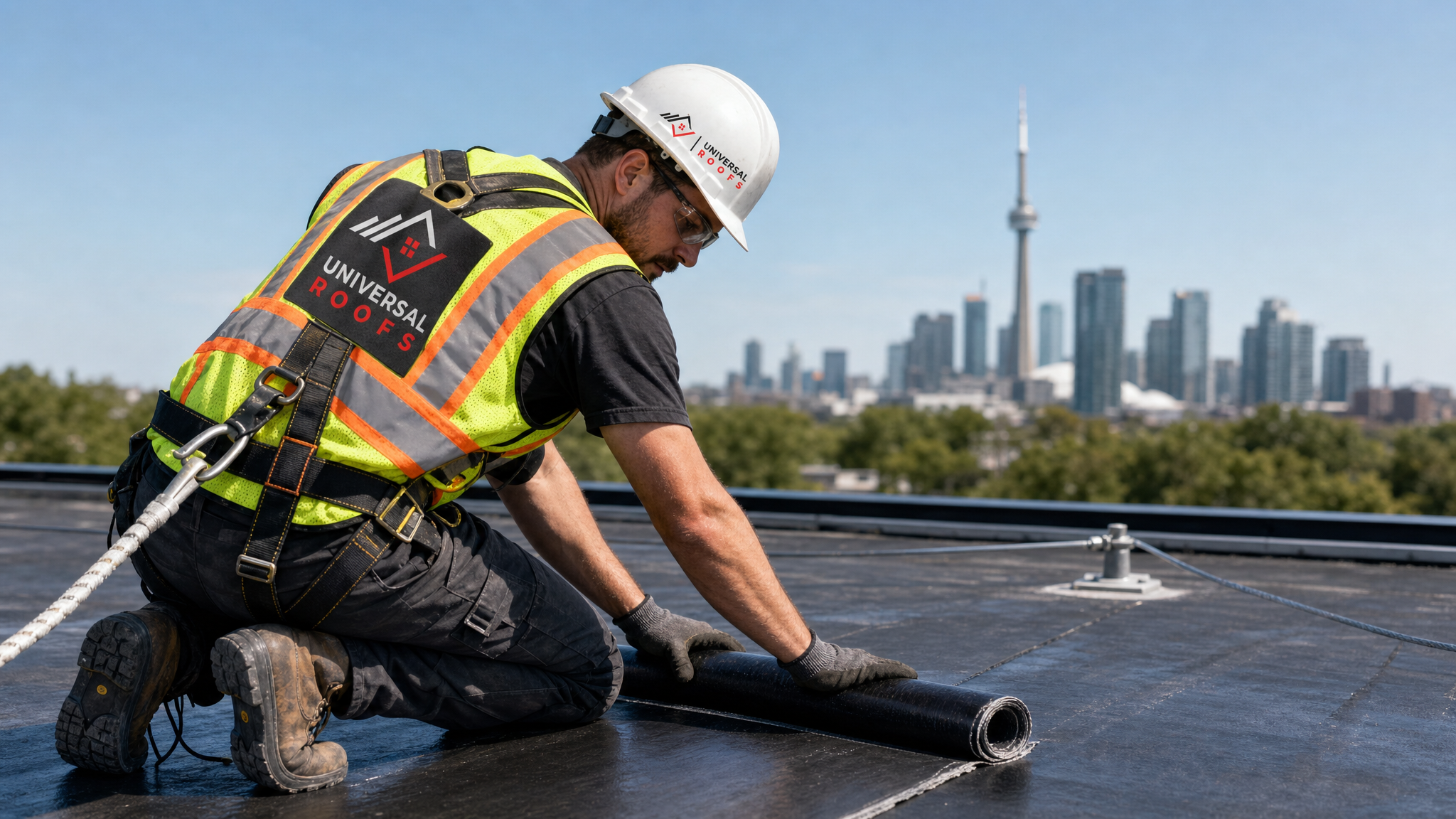 Roofer wearing full safety harness and PPE applying waterproofing membrane on a Toronto flat roof in summer daylight