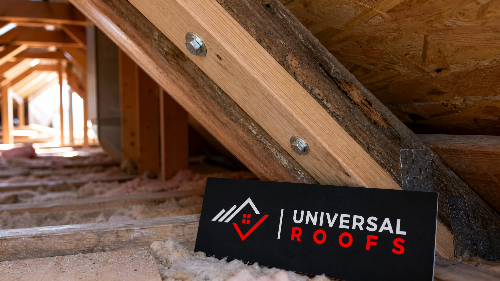Close-up detail of a sistered wooden roof rafter reinforcement showing new lumber attached alongside an original weakened rafter