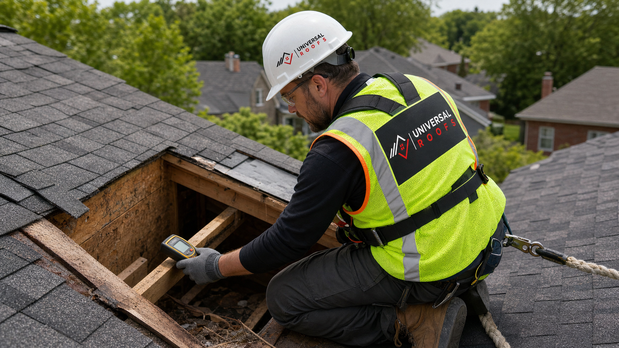 A roofer wearing full safety harness and PPE inspecting rafters and roof decking for sagging and water damage on a Toronto home