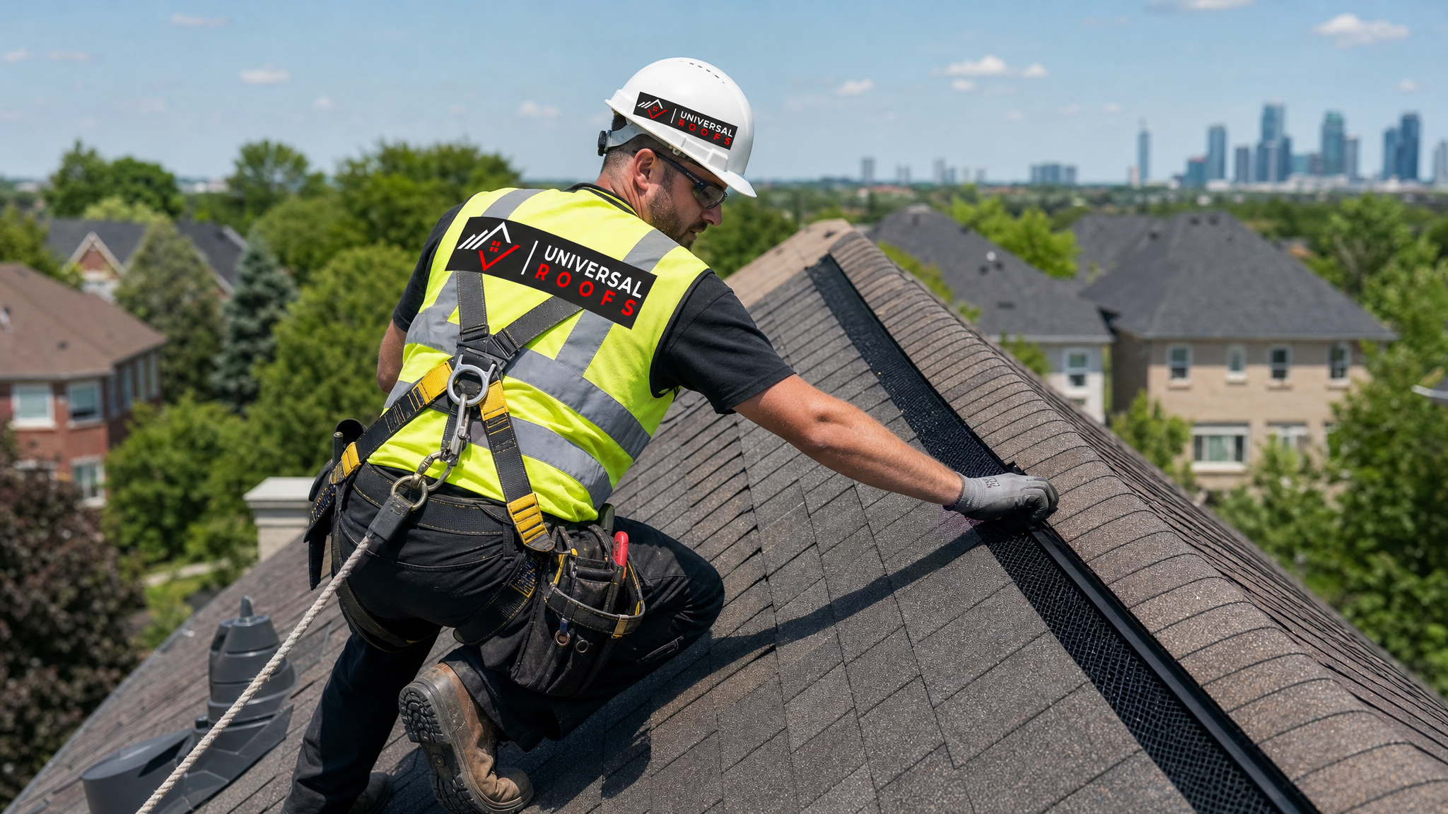 Roofer installing a ridge vent at the peak of a roof while secured with a safety harness