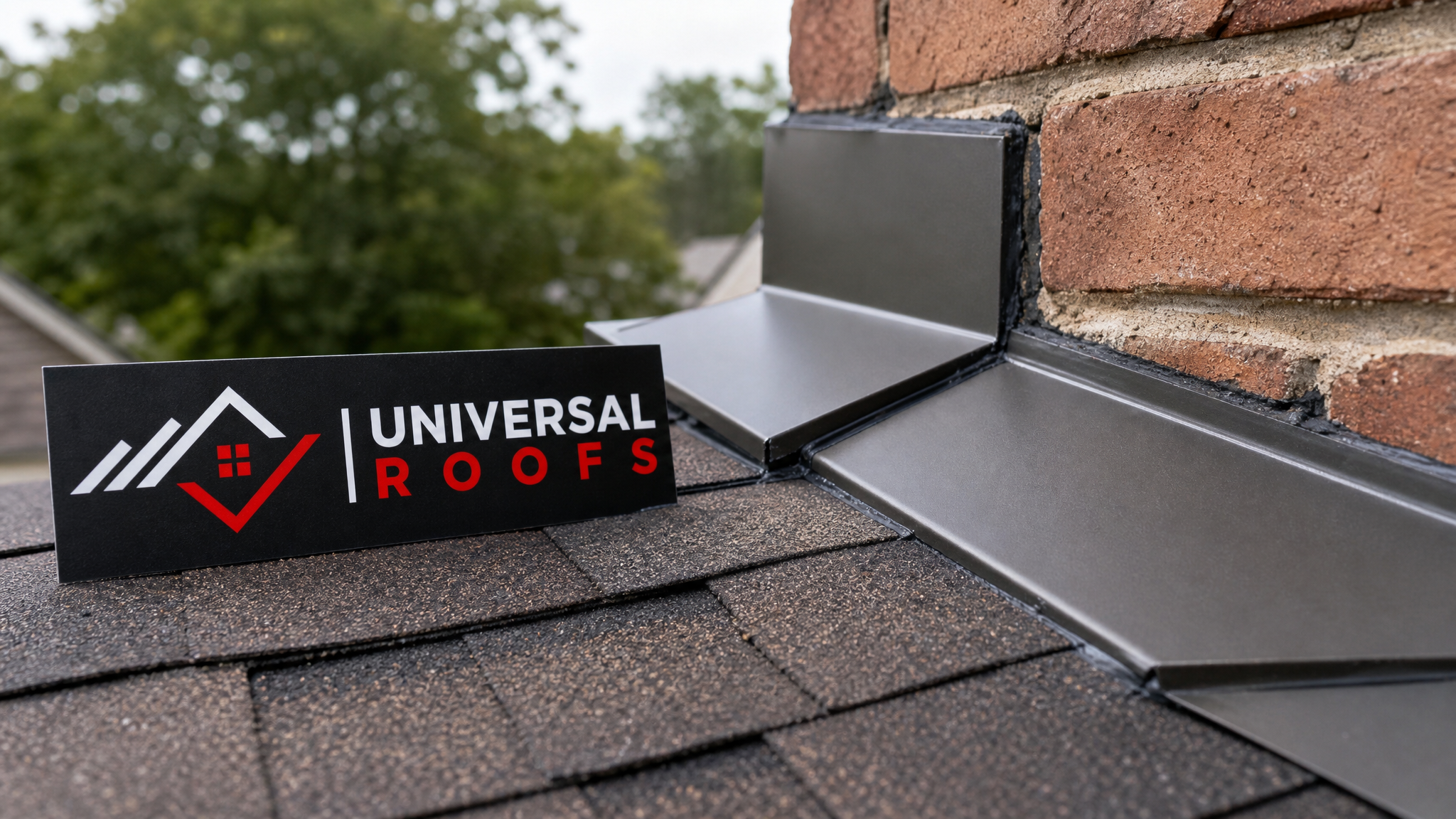 Close-up of new copper step flashing interlocking with shingles and sealed against a brick chimney