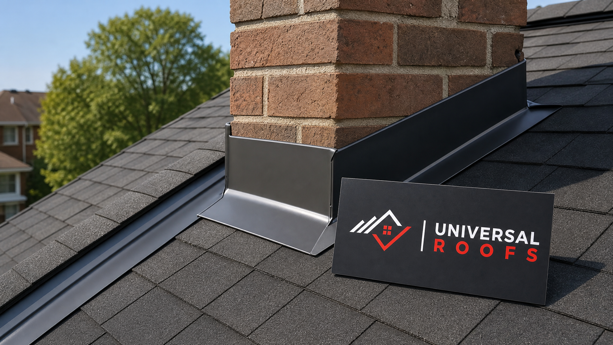 Freshly repaired metal roof flashing around a chimney on a Toronto-area home under clear summer sky
