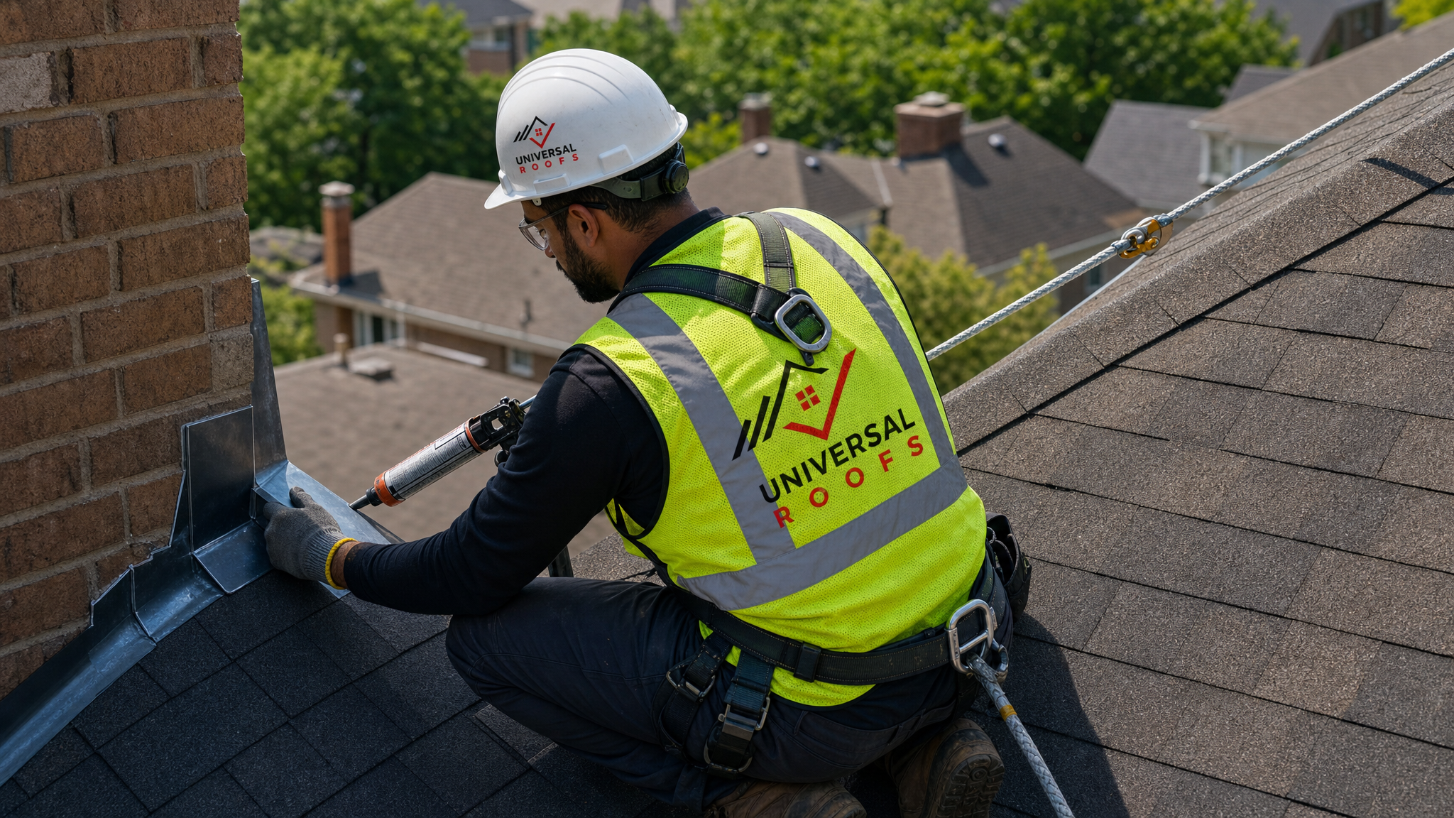 Roofer wearing full safety harness and PPE installing new step flashing along a roof valley in summer daylight