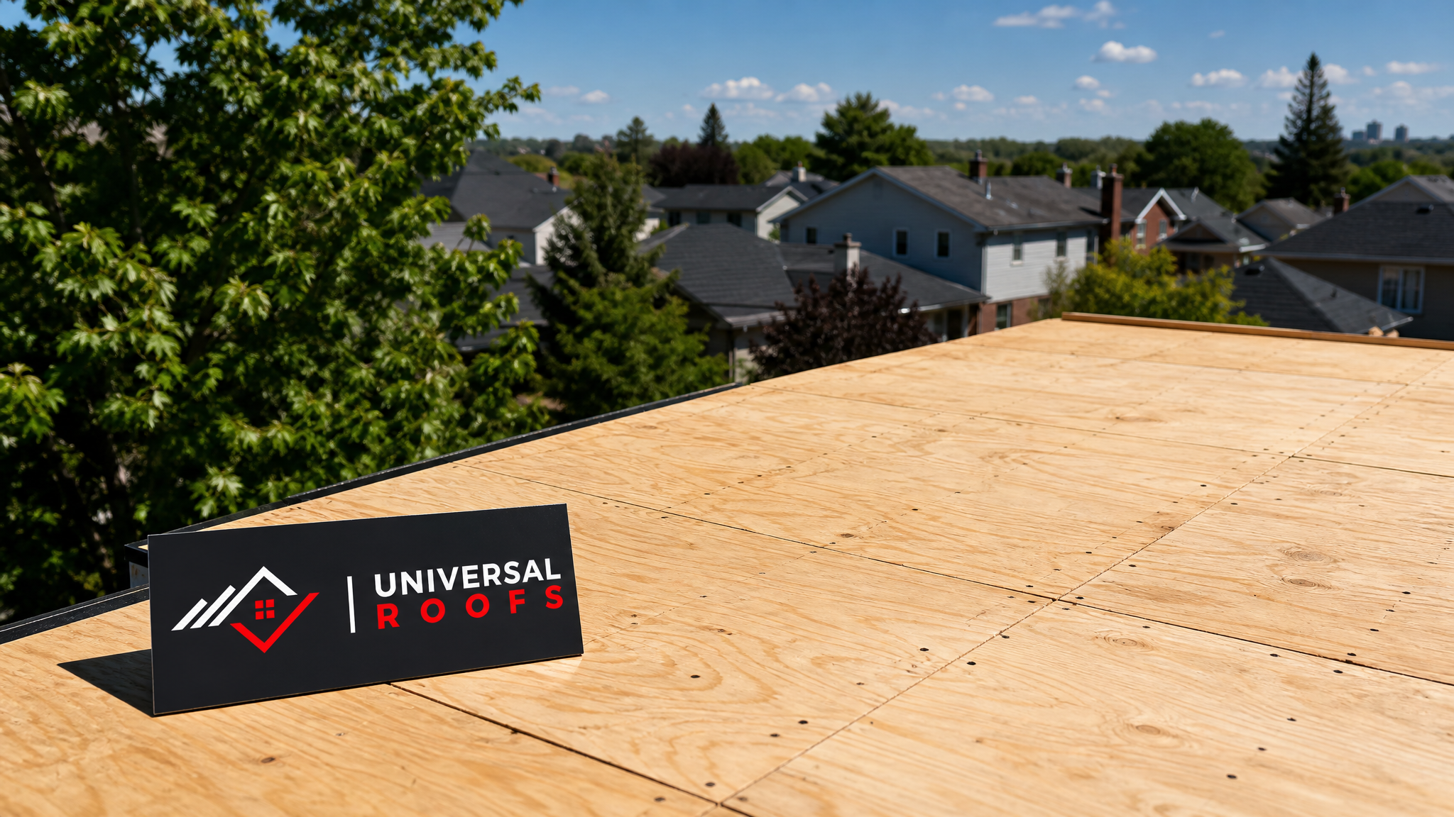 Freshly repaired roof decking on a GTA home with new plywood sheathing visible before shingle installation, summer daylight