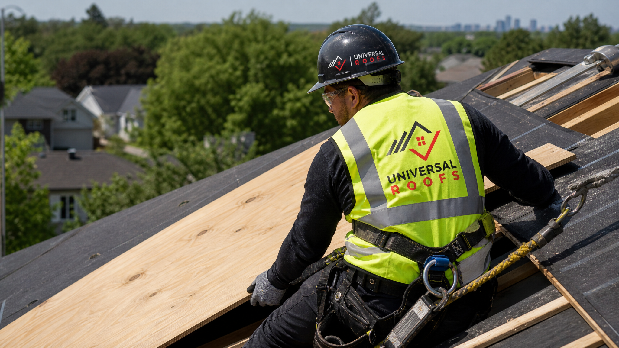 Roofer wearing full safety harness and PPE replacing a section of roof decking on a Toronto home in summer daylight