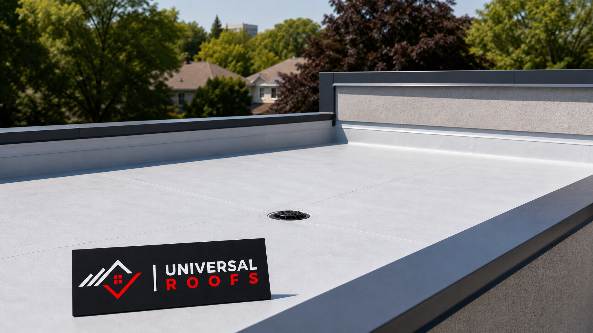 Upgraded flat roof with new membrane and rooftop drainage on a Toronto home in summer daylight