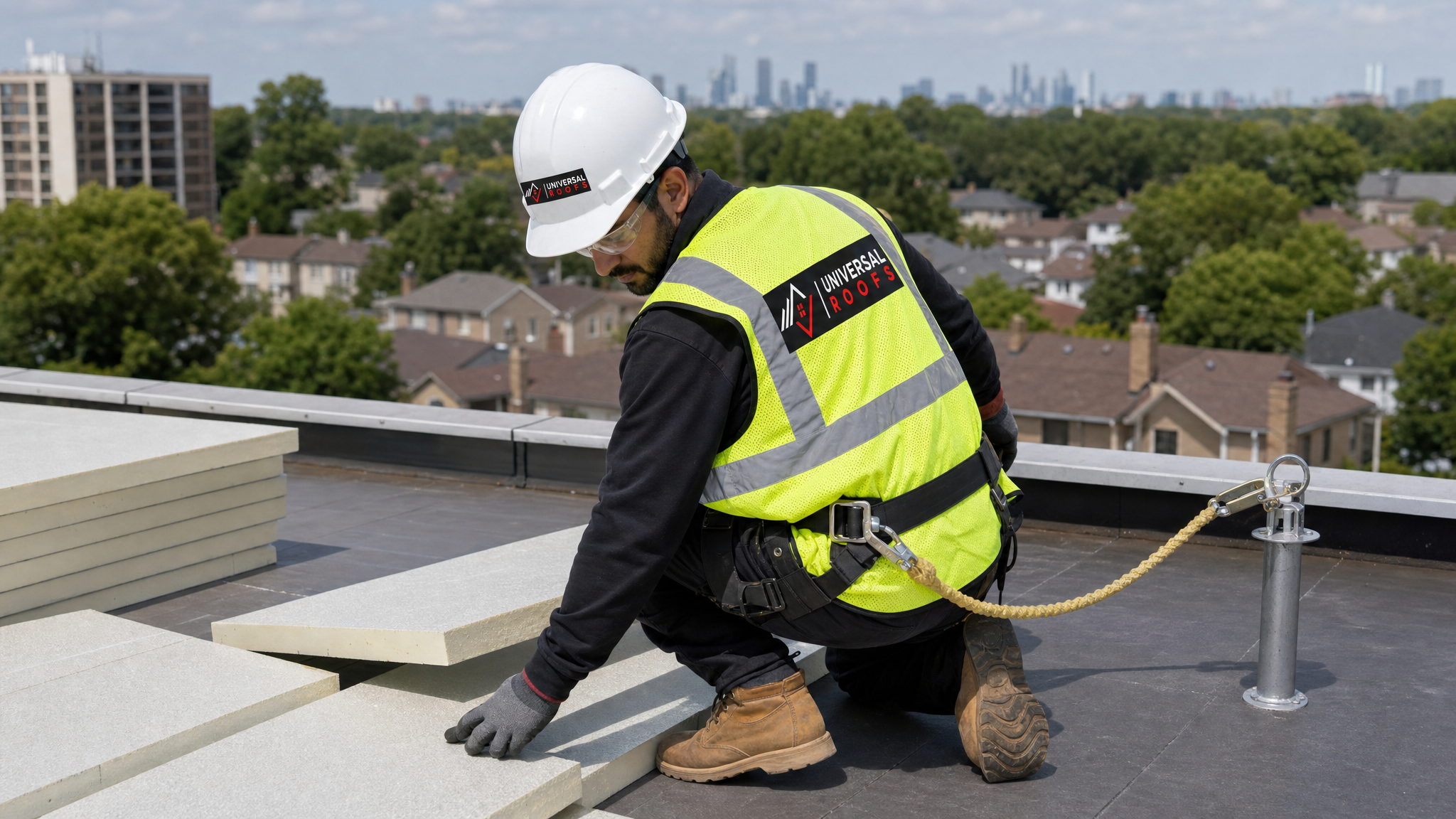 Roofer wearing full safety harness installing tapered insulation on a flat roof upgrade in Toronto