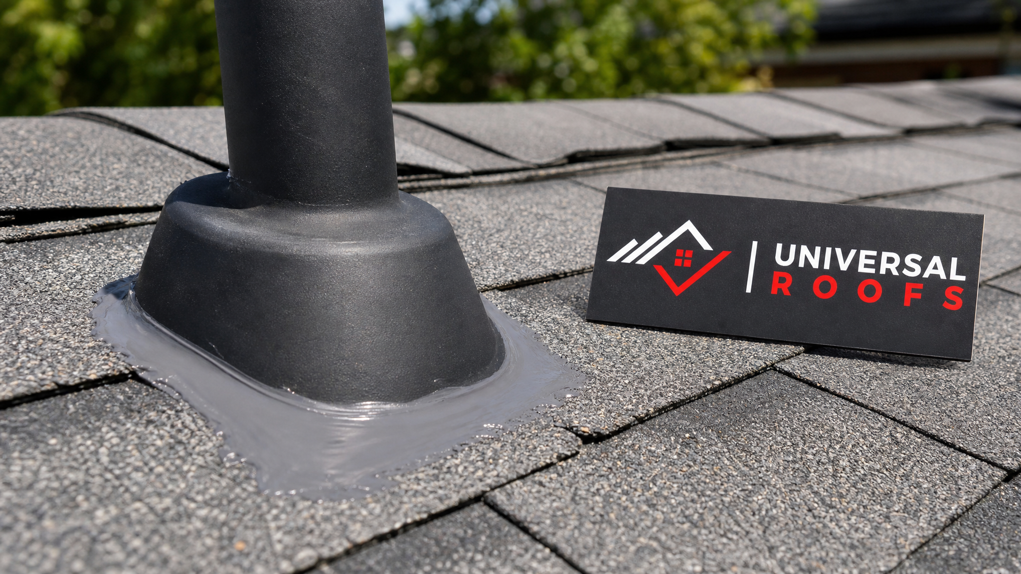 Close up of new rubber pipe boot flashing installed around a roof vent pipe with fresh sealant
