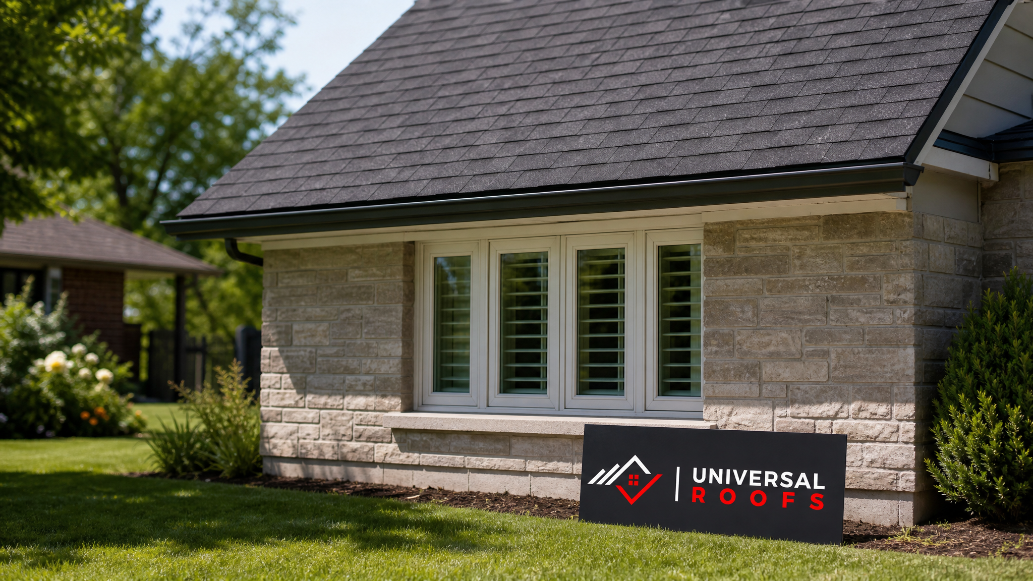 Repaired asphalt shingle roof on a Toronto area home under clear summer sky with no visible leak damage