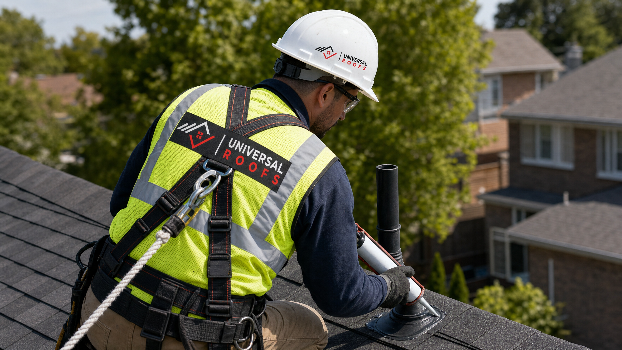 Roofer wearing full safety harness and PPE applying flashing sealant around a vent pipe on a residential roof in daylight