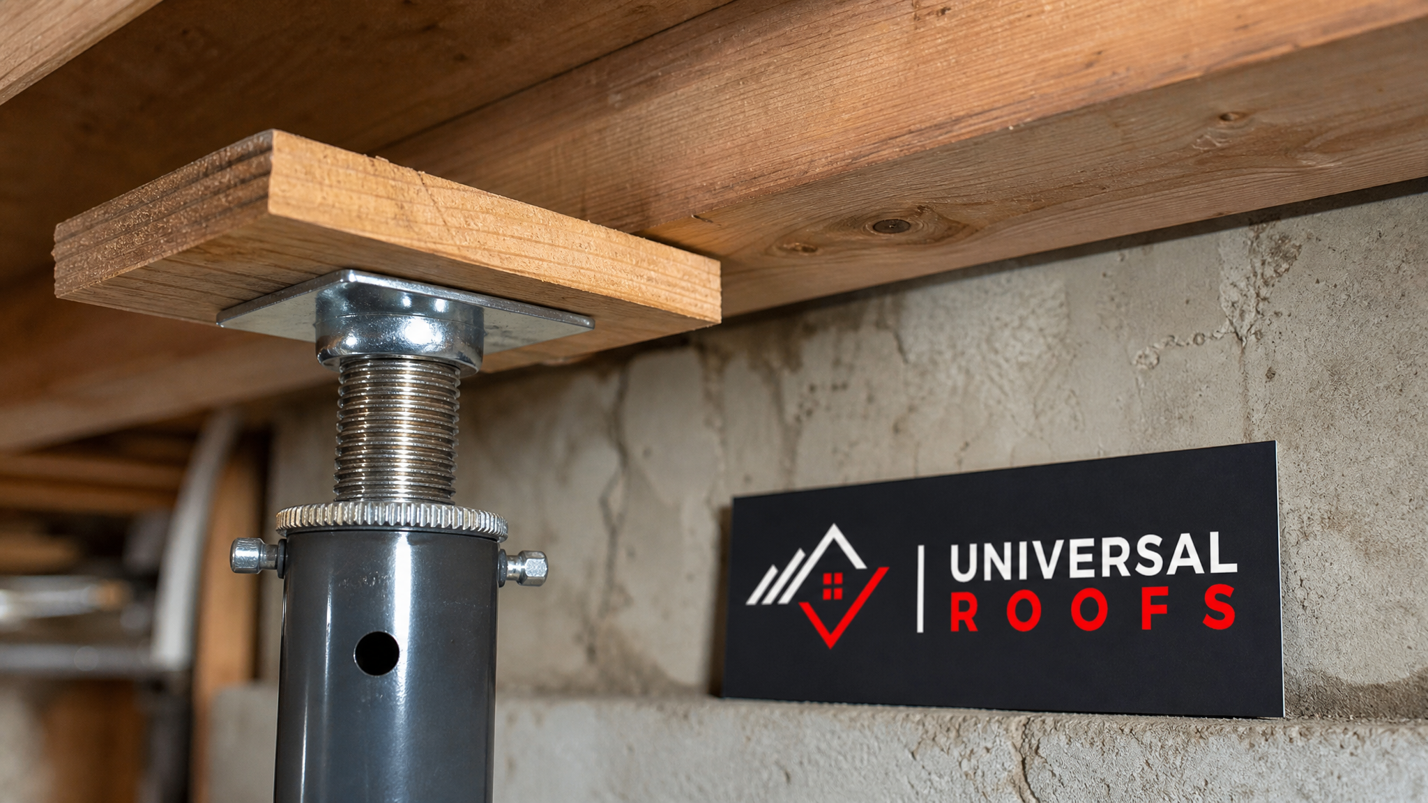 Close-up of an adjustable steel jack post and spreader plate supporting a wood ceiling joist during emergency roof sagging repair