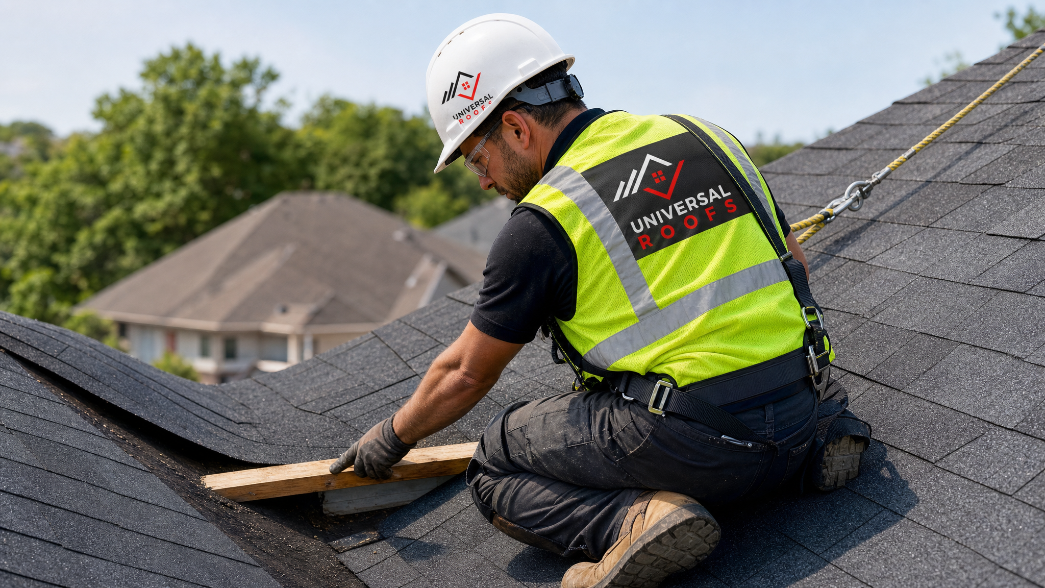 Roofing technician wearing full safety harness installing temporary structural bracing on a sagging roof section in Toronto
