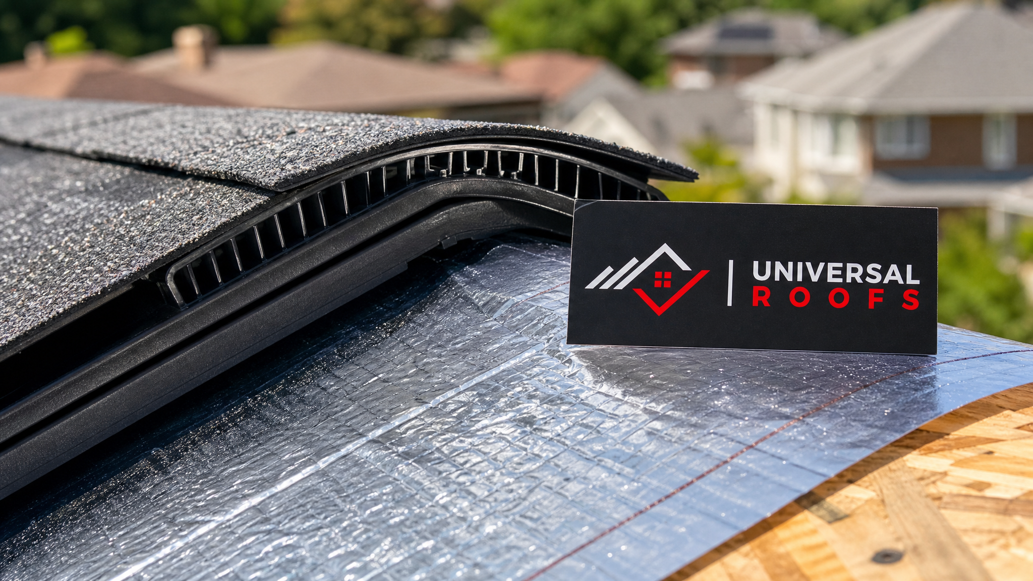 Close-up of ridge vent and reflective underlayment installation showing energy-efficient roofing components