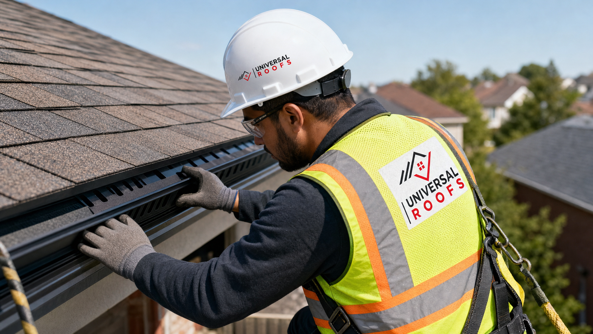Roofing technician wearing full safety harness installing insulation baffles and checking soffit ventilation on a residential roof