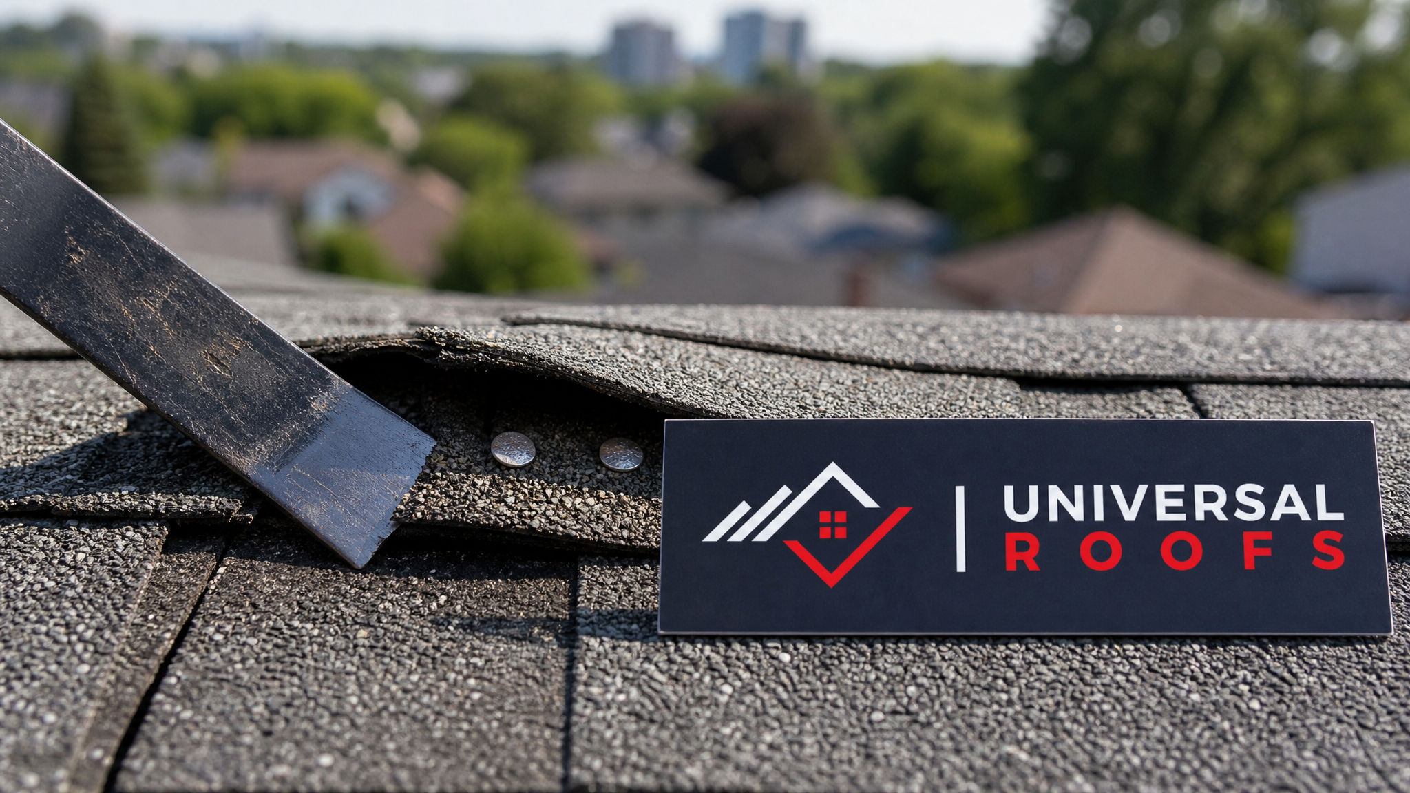 Close-up of a flat pry bar lifting an asphalt shingle tab to expose roofing nails, with a Universal Roofs branded sign placard nearby