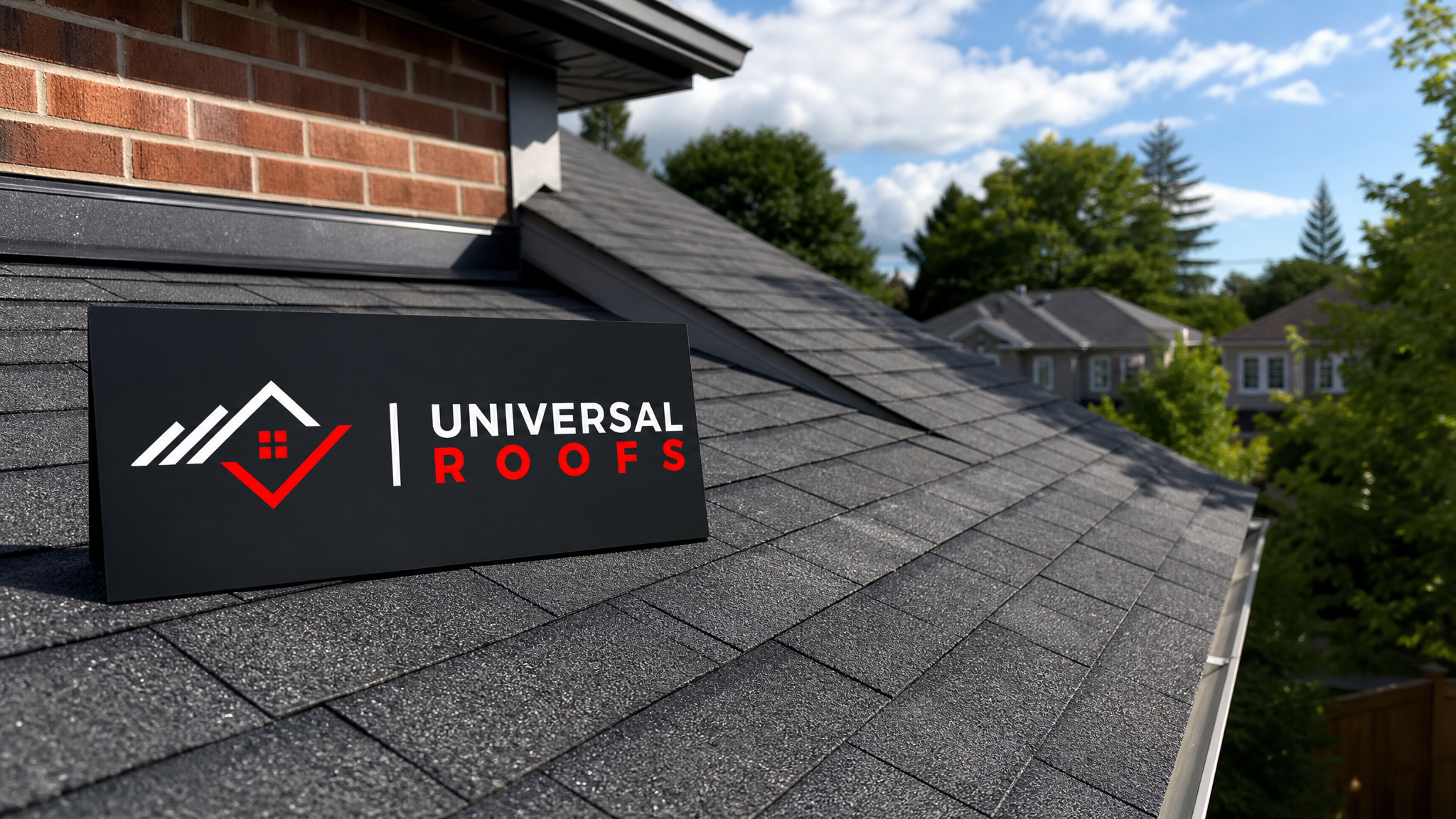 A neatly repaired asphalt shingle roof section on a Toronto home in summer daylight with a Universal Roofs sign placard resting nearby