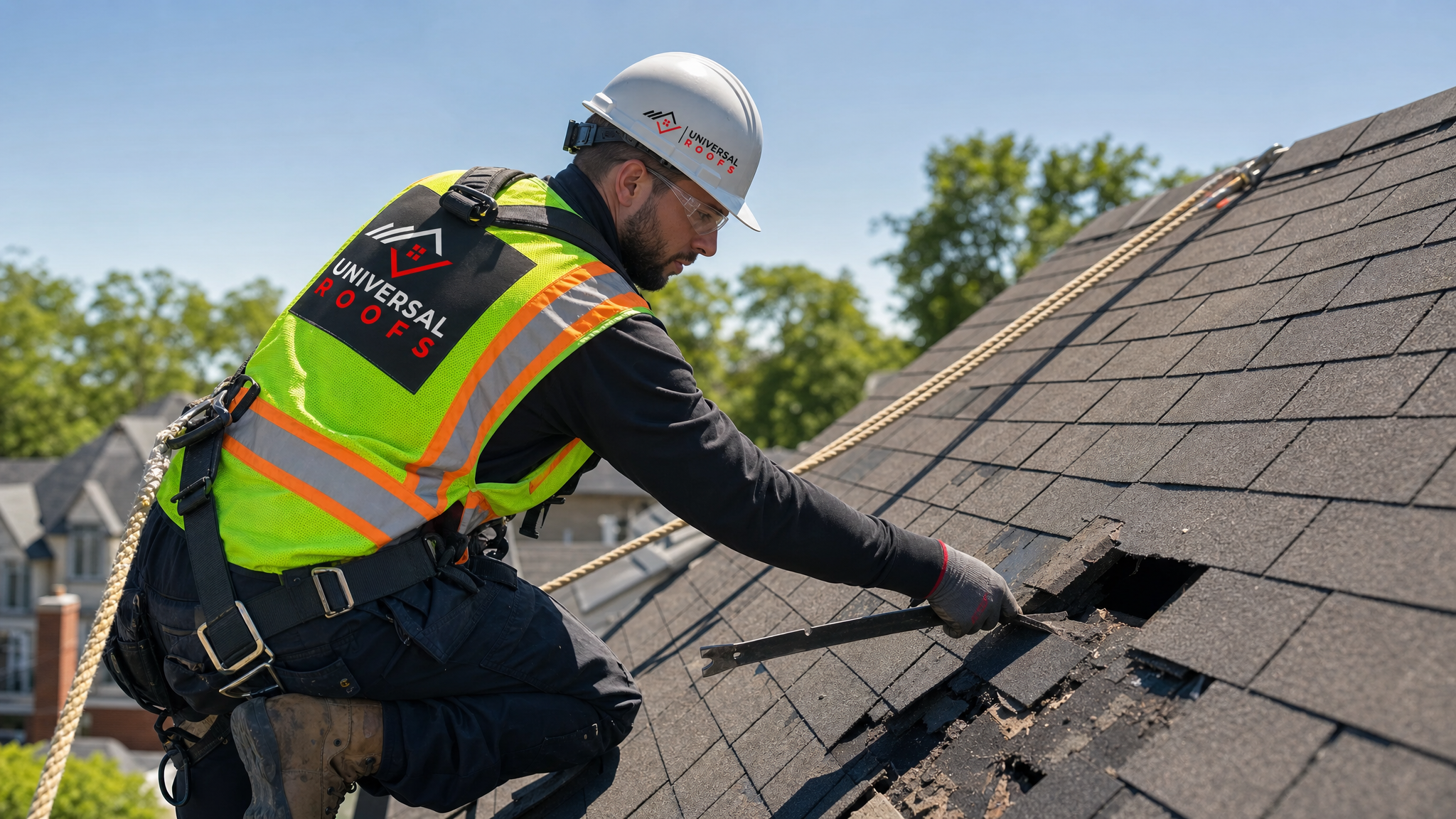 A roofer wearing a hard hat, hi-vis vest, safety glasses, gloves, and a fall-protection harness with rope while repairing shingles on a steep Toronto roof in daylight