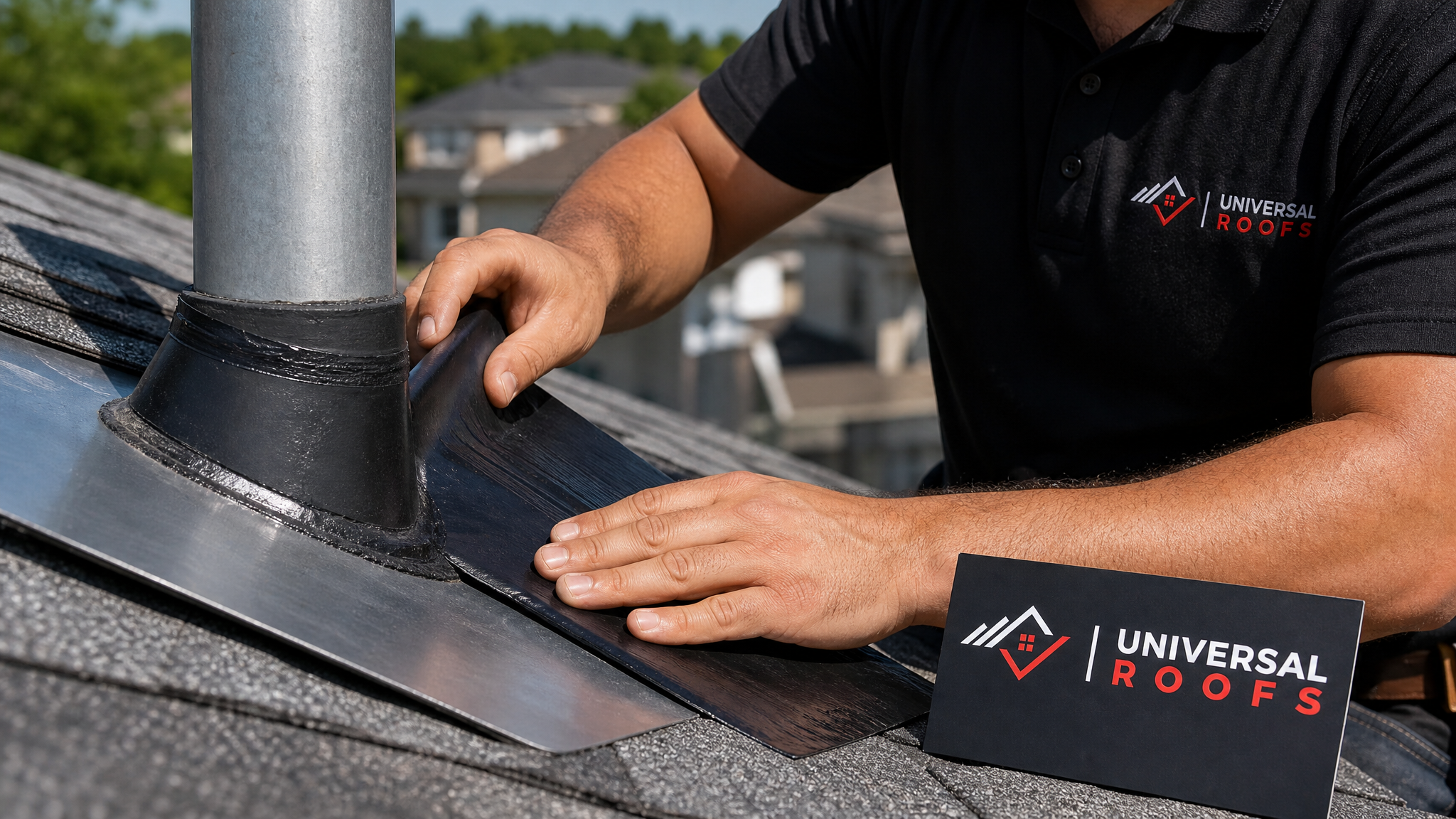 Close-up of butyl flashing tape being pressed into a roof seam next to a small branded sign placard