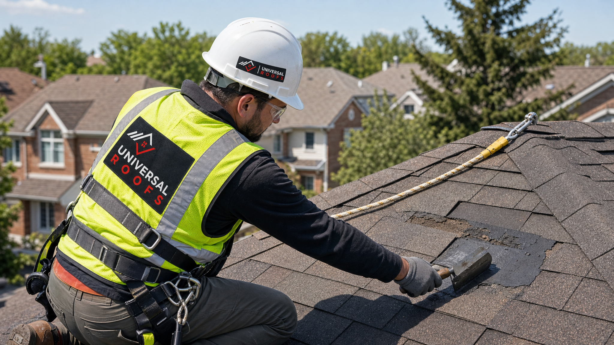 Roofer wearing full safety harness and PPE applying roofing cement patch to an asphalt shingle roof in daylight