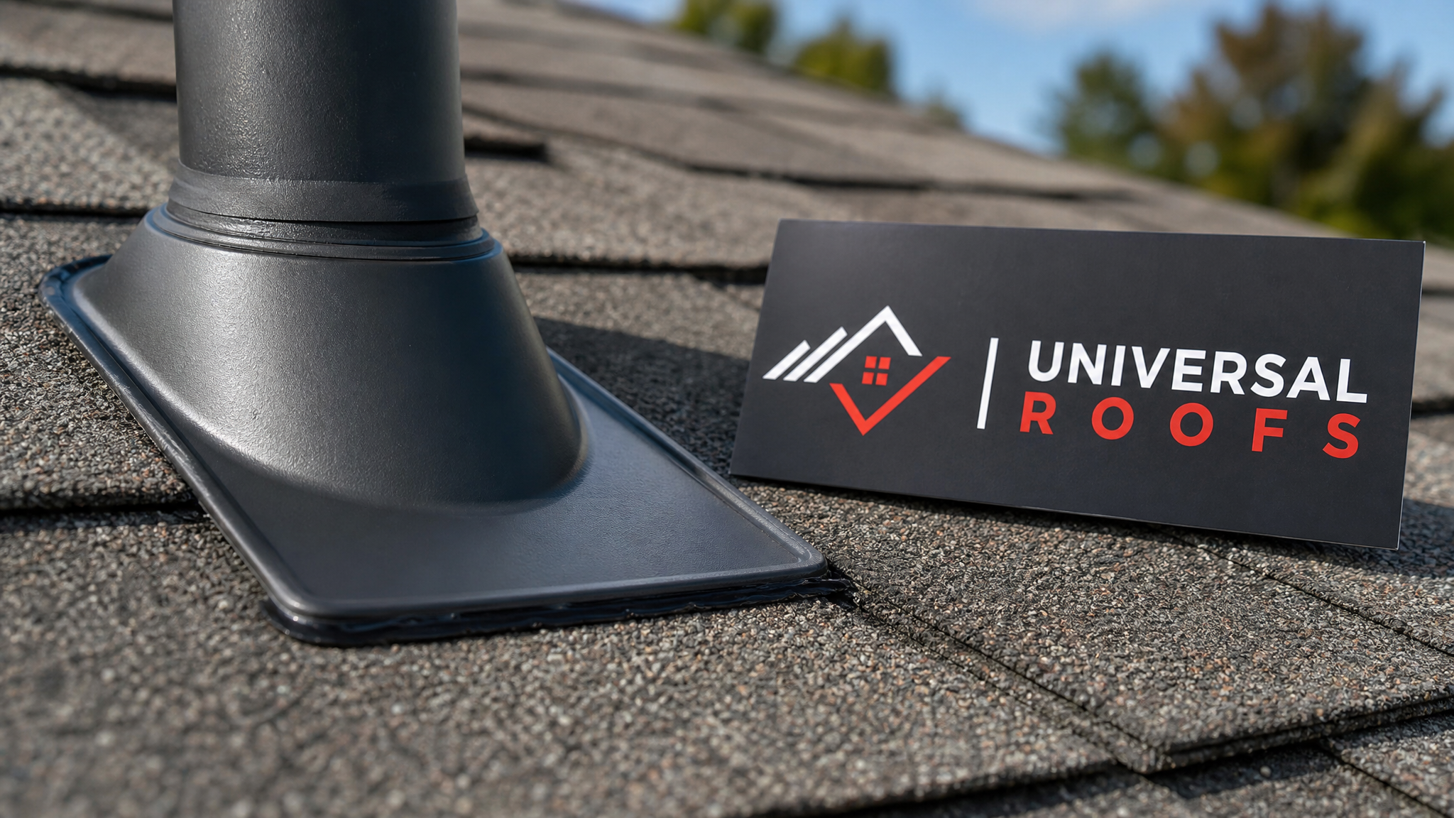 Close-up of new flashing and sealant detail around a roof pipe boot penetration with a branded sign placard nearby