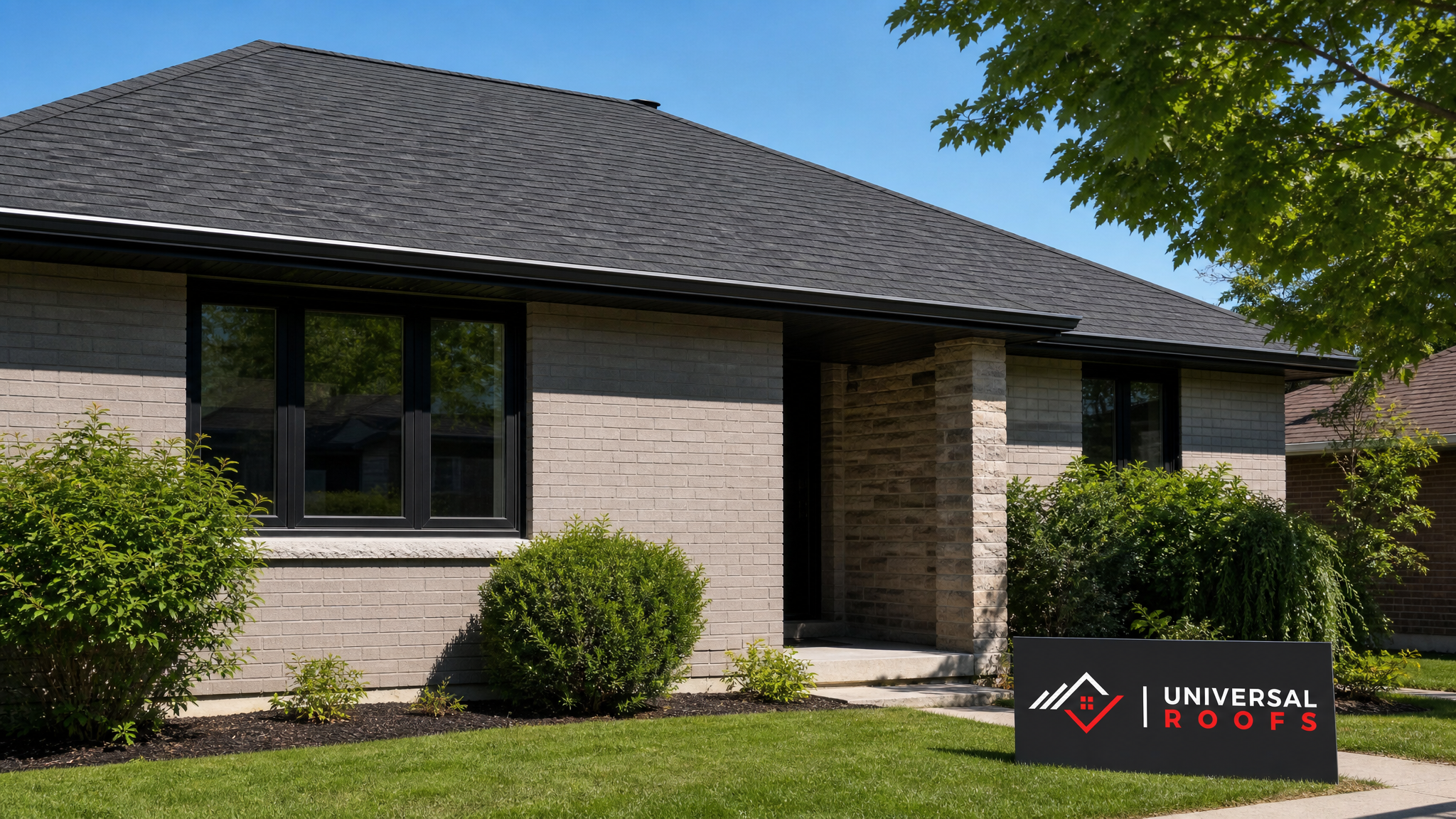 Newly repaired asphalt shingle roof on a Toronto home in summer daylight with no visible damage or staining