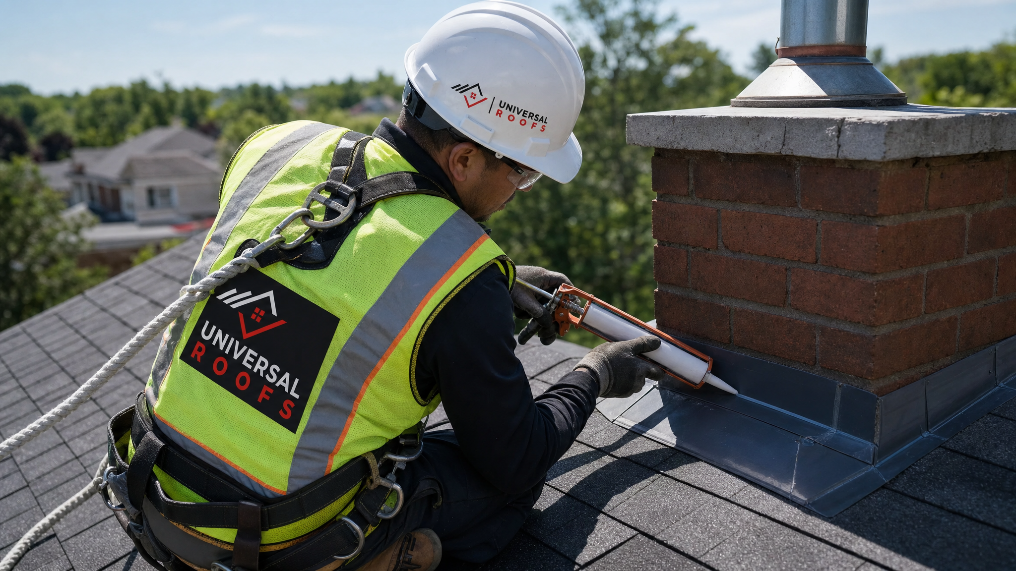 Roofer wearing hard hat, hi-vis vest, safety glasses, gloves and fall-protection harness applying sealant around roof flashing on a sunny day