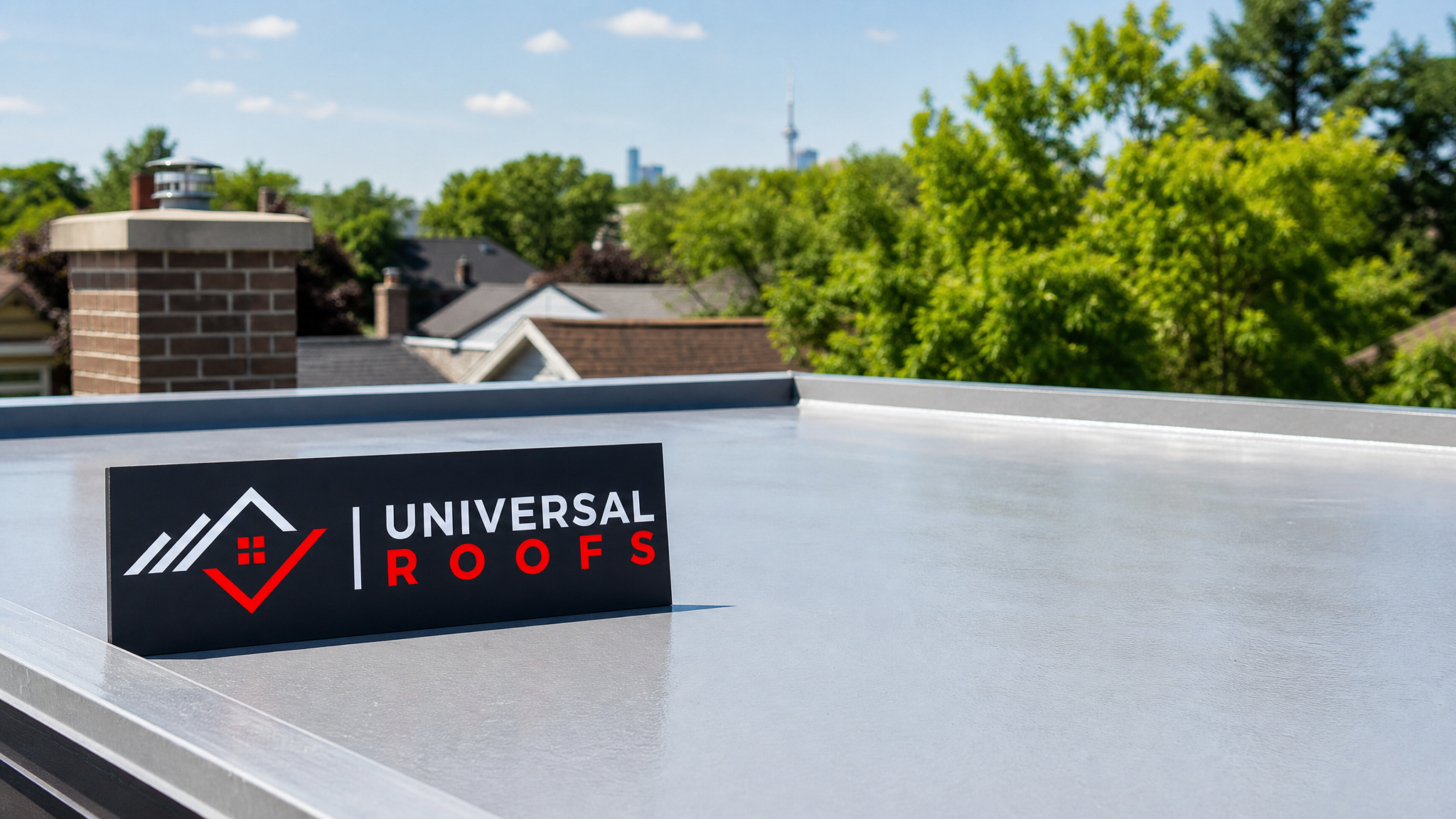 Freshly sealed flat roof on a Toronto home glowing evenly in summer daylight with a Universal Roofs sign placard resting nearby