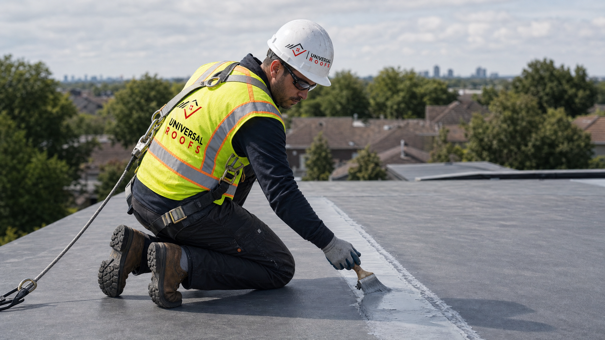 Roofer wearing a harness and full safety gear applying silicone sealant along a flat roof seam on a Toronto home in daylight