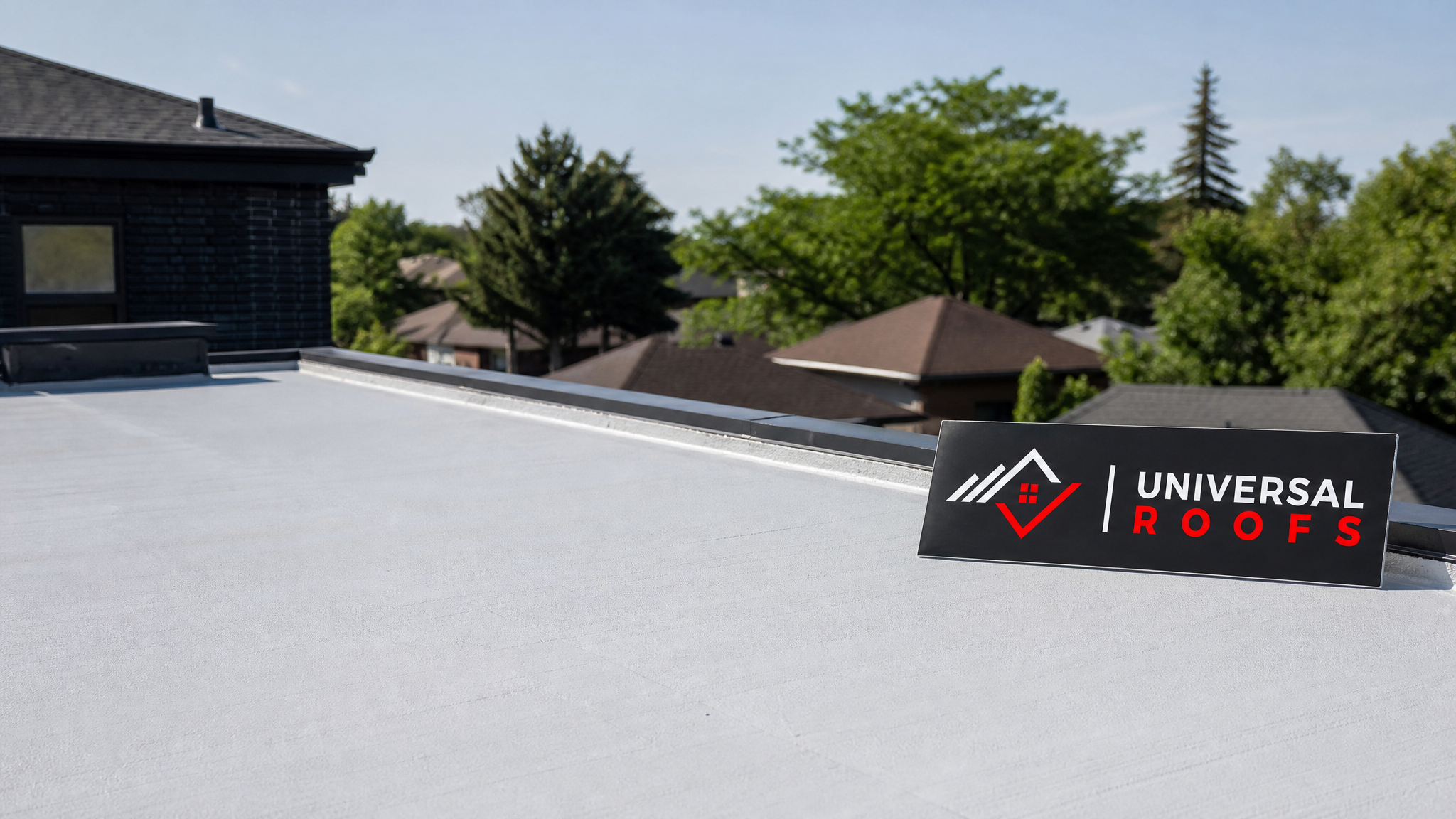 A freshly coated flat roof on a Toronto commercial building with a smooth, seamless breathable coating finish under bright summer sunlight