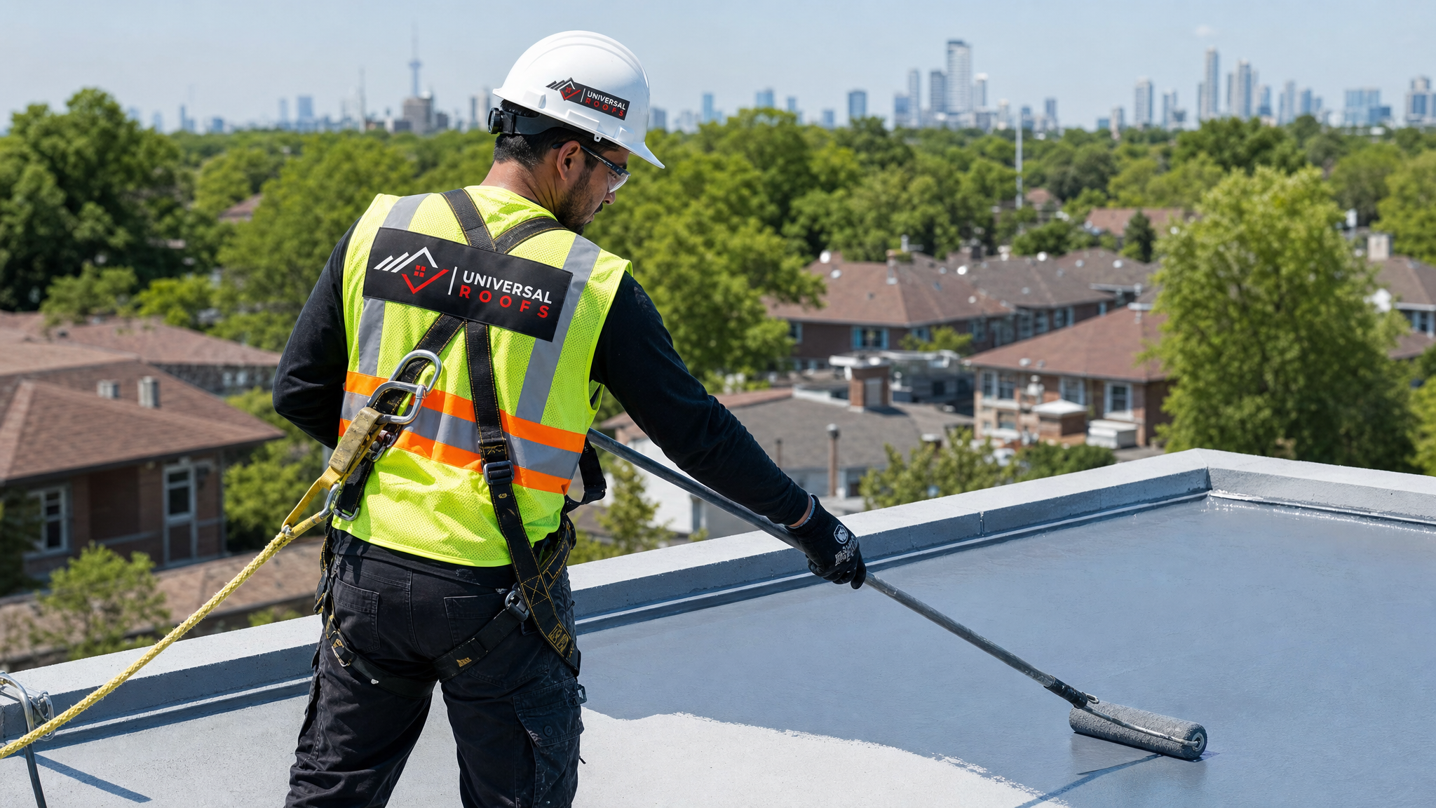 A roofer wearing a hard hat, hi-vis vest, safety glasses, gloves, and a fall-protection harness applying a breathable roof coating with a roller on a flat roof in Toronto