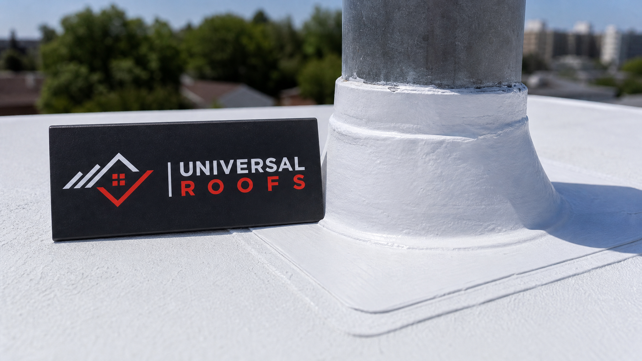 Close-up of cured white silicone heat reflective roof coating showing seamless texture and flashing detail
