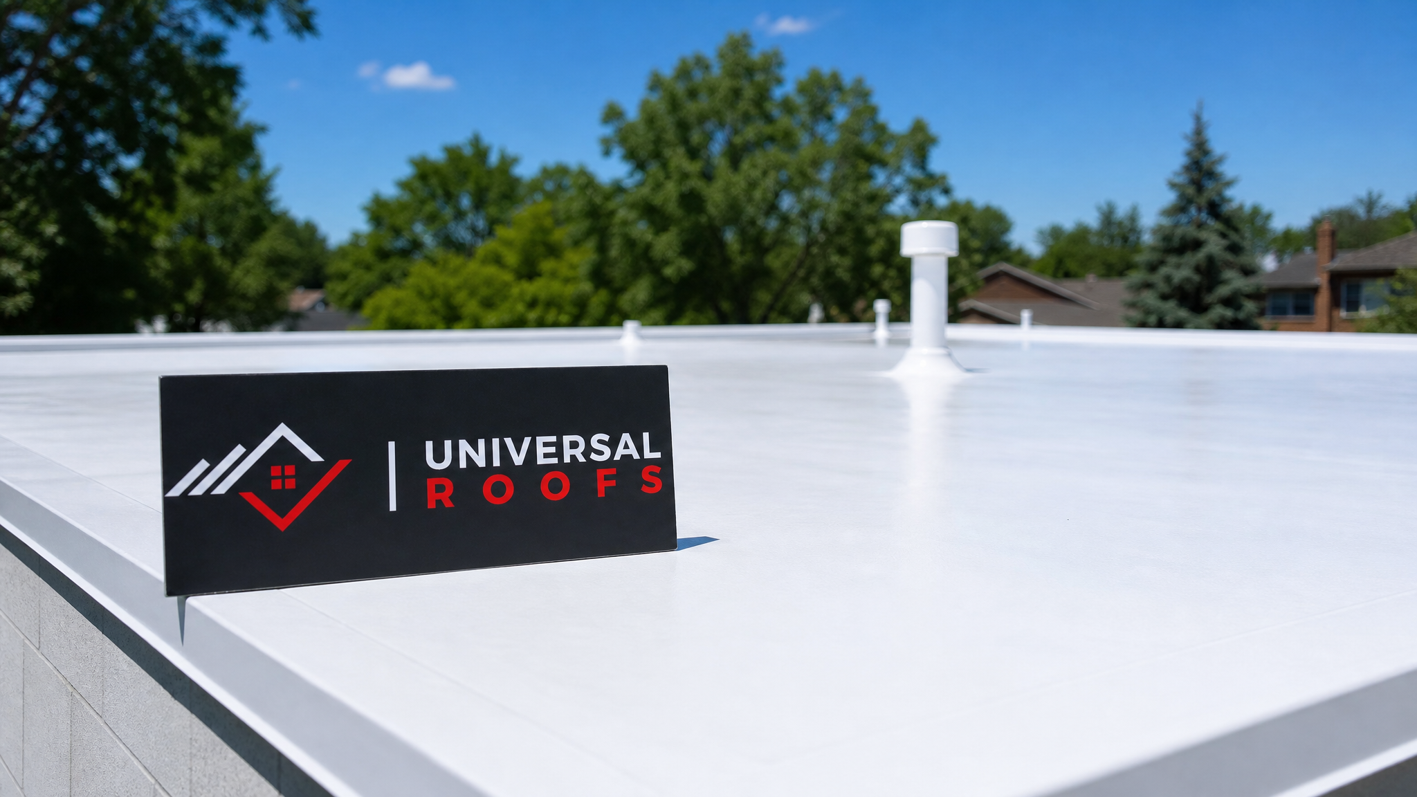 Freshly coated flat roof with bright white heat reflective coating under summer sunshine in a Toronto neighbourhood