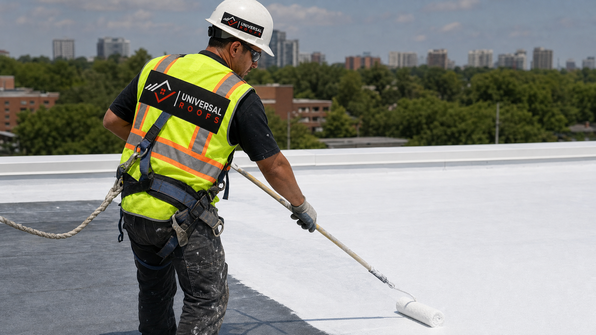 Roofing technician in full safety harness applying white reflective coating with a roller on a flat commercial roof in Toronto