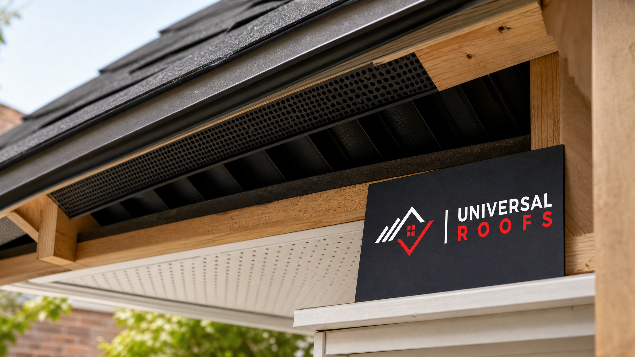 Close-up detail of a soffit intake vent and baffle installation showing proper airflow channel construction