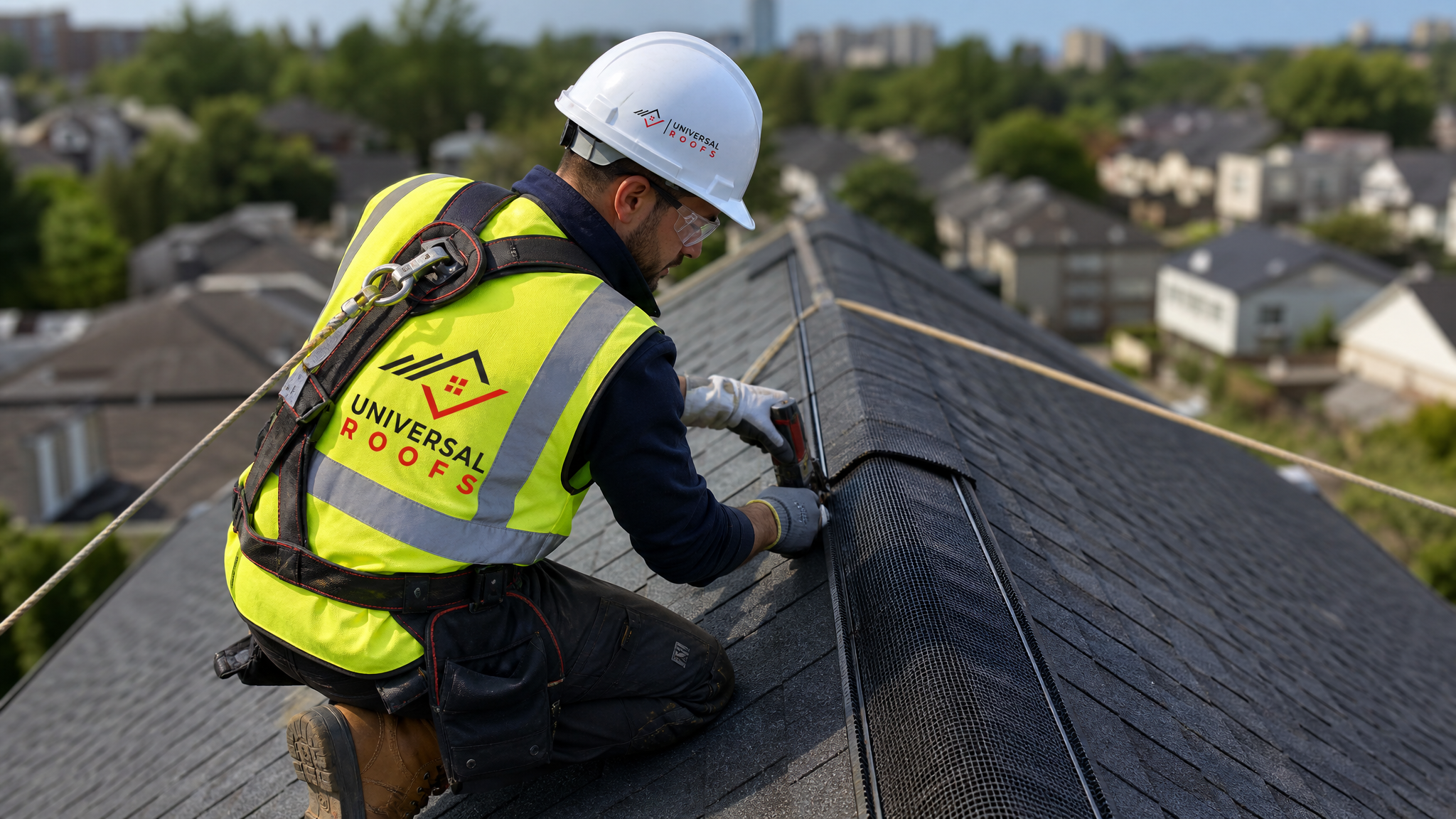 Roofer installing a ridge vent along the peak of a residential roof while wearing full safety harness and PPE