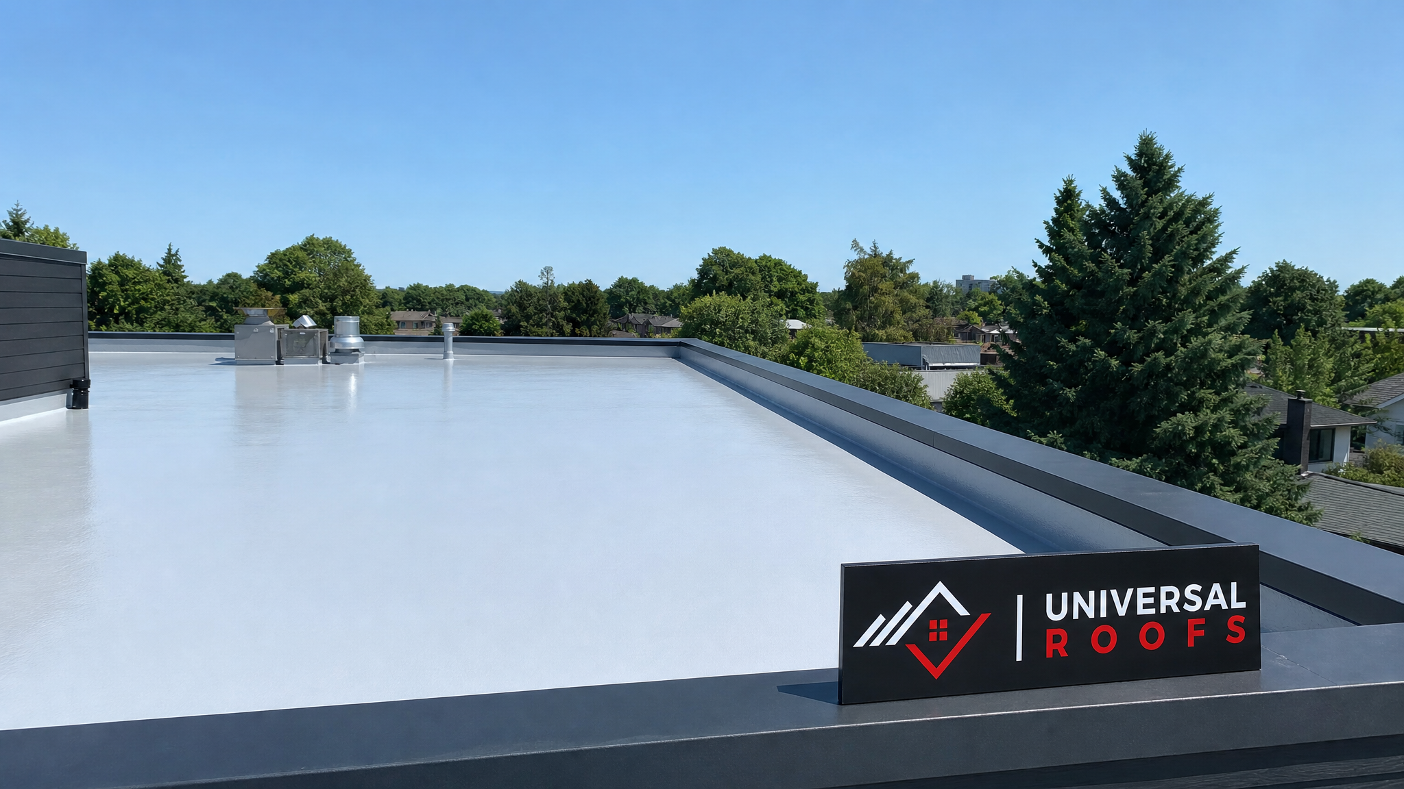 Finished flat roof with a smooth seamless white roof coating under summer daylight in a Toronto neighbourhood