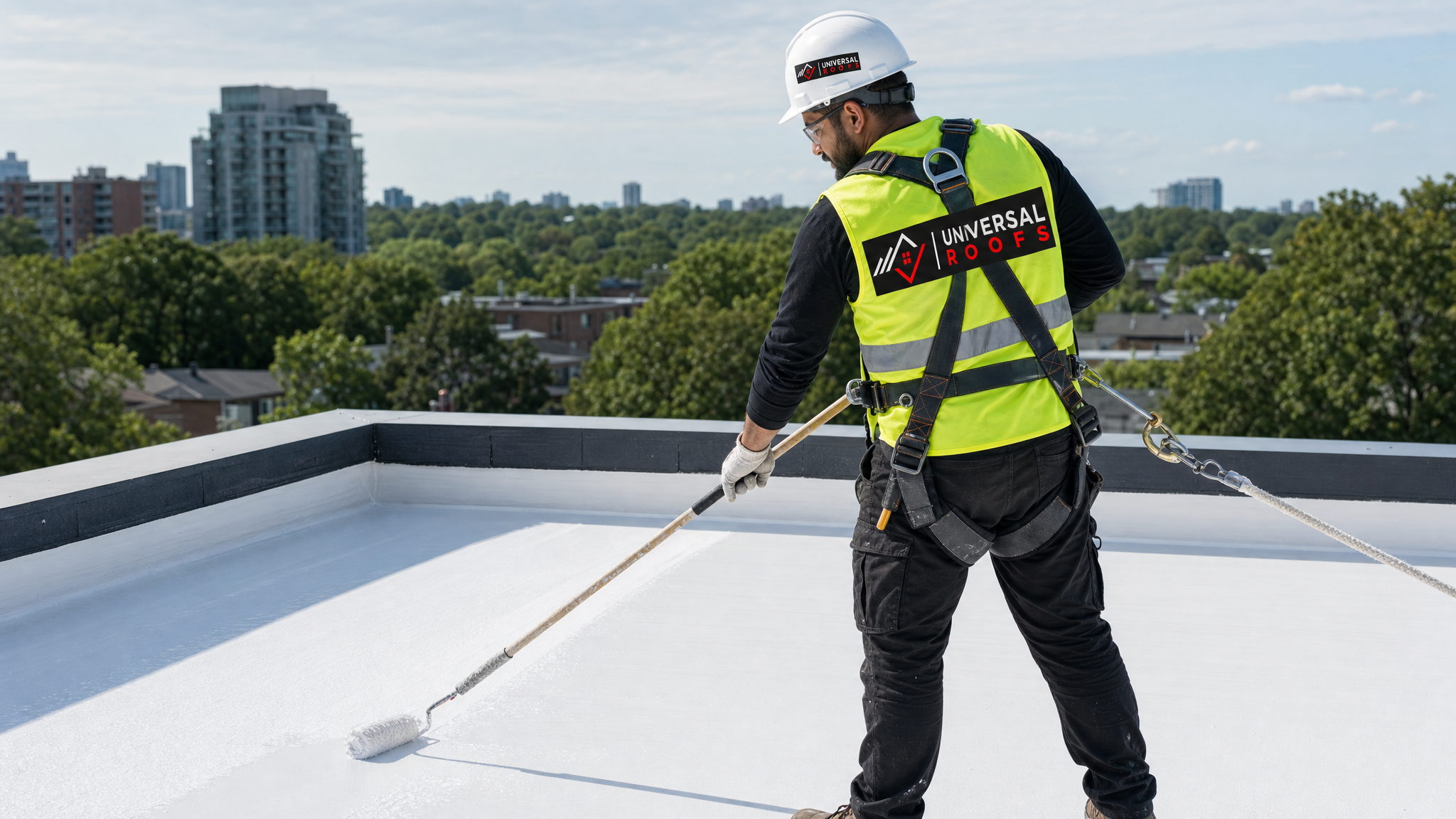 Roofer wearing full safety harness applying seamless roof coating with a roller on a flat commercial roof in Toronto
